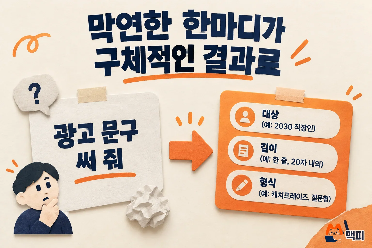 제미나이 프롬프트 예시로 기준 없는 요청과 대상·길이·형식을 정한 요청을 비교한 도해