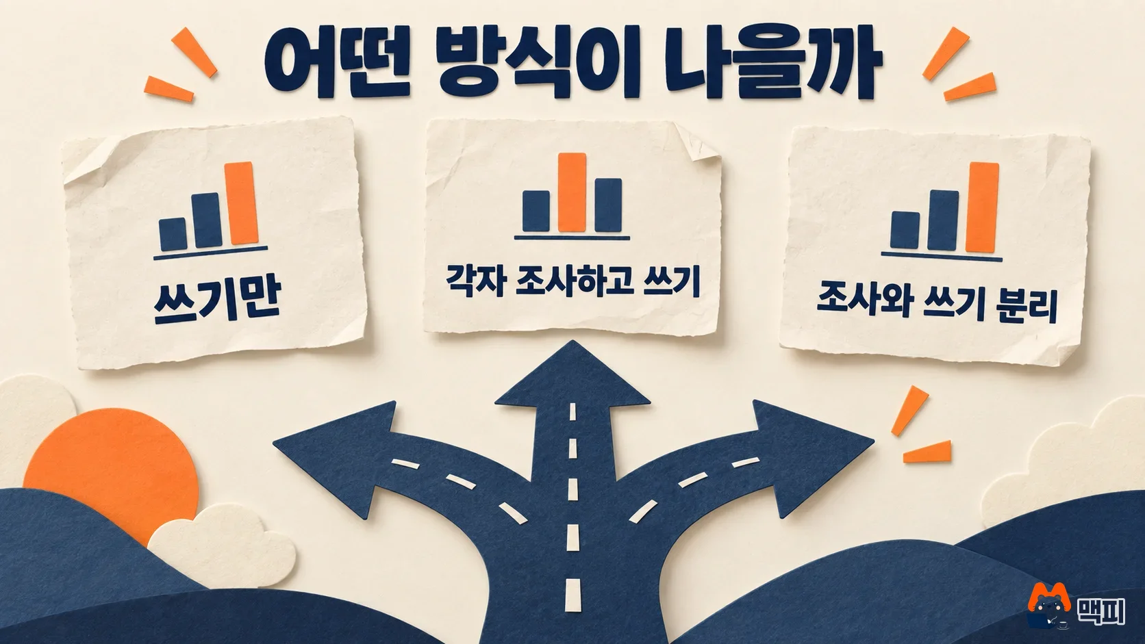 AI 글쓰기 비교: 쓰기만, 각자 조사하고 쓰기, 조사와 쓰기 분리 세 방식의 차이 도해