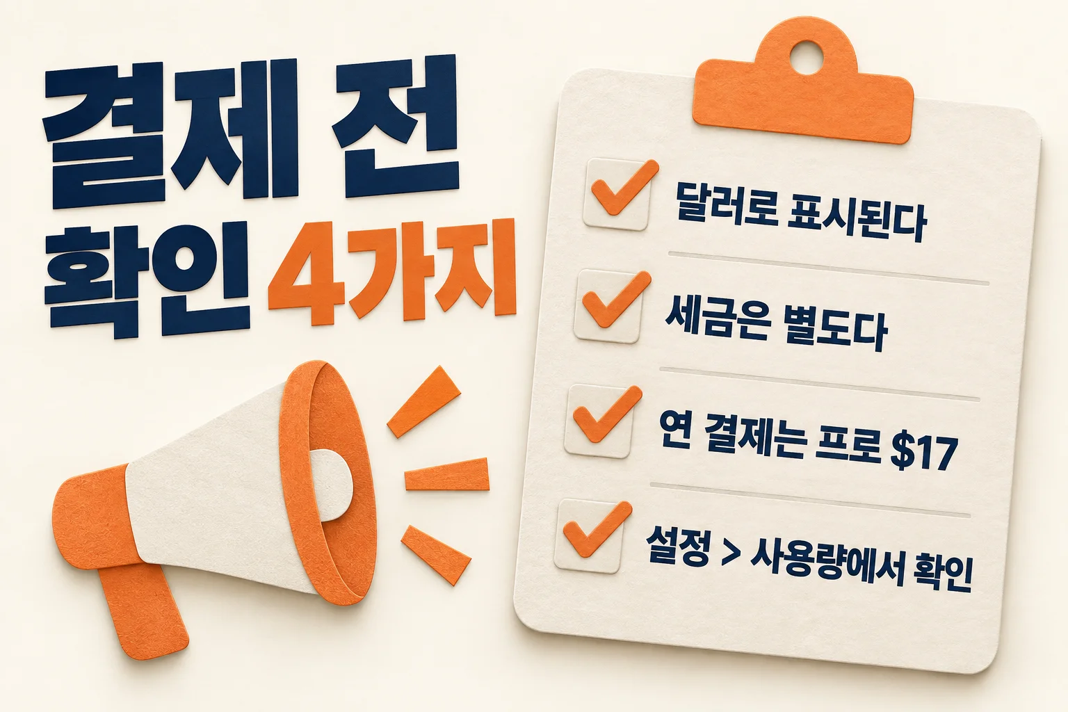 클로드 요금제 결제 전에 달러 표시, 세금 별도, 연 결제 프로 17달러, 설정의 사용량 화면 확인 네 가지를 체크리스트로 정리한 그림.