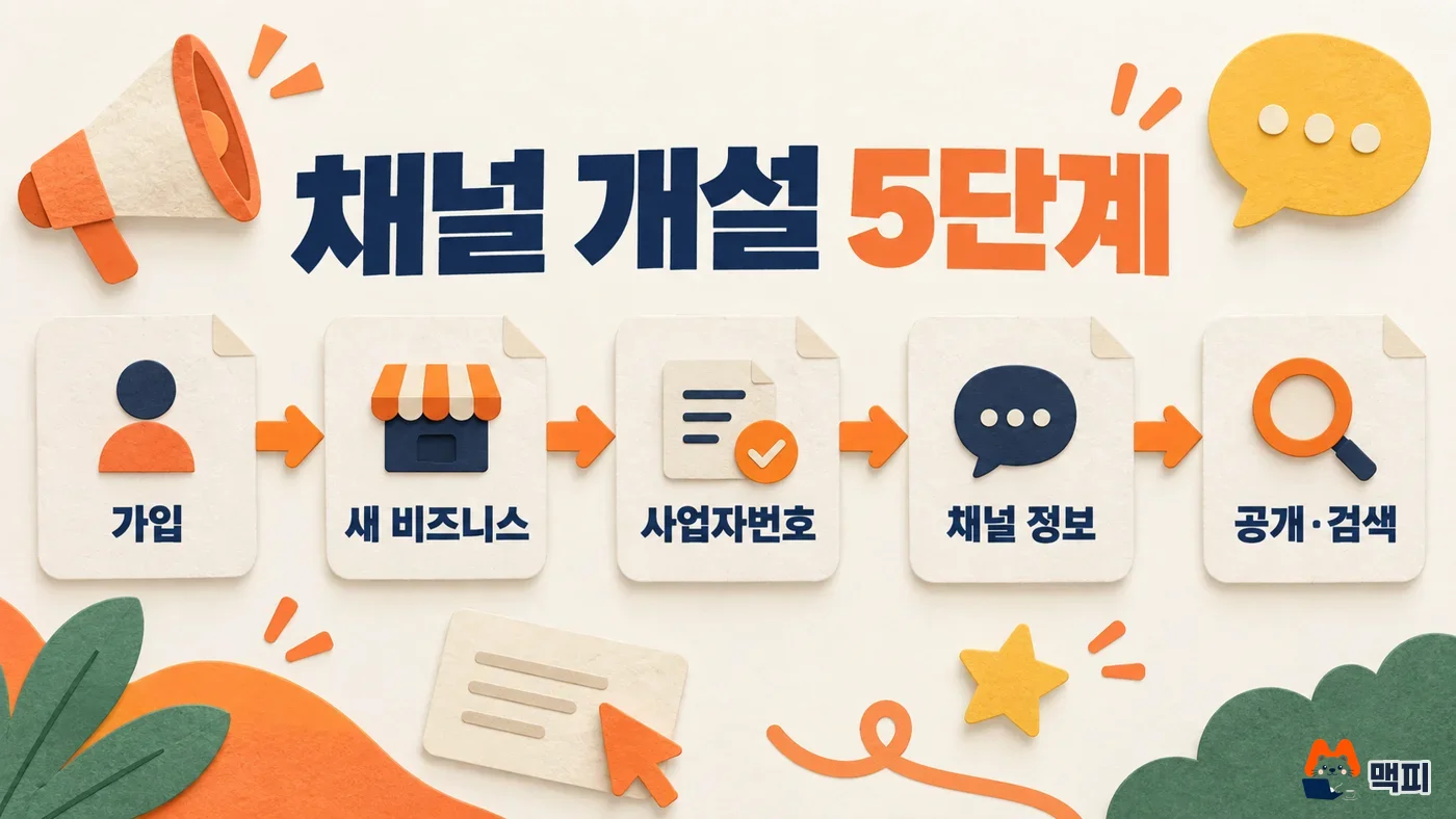 카카오톡 채널 만들기 방법: 가입, 새 비즈니스, 사업자번호, 채널 정보, 공개와 검색 설정 5단계 순서도
