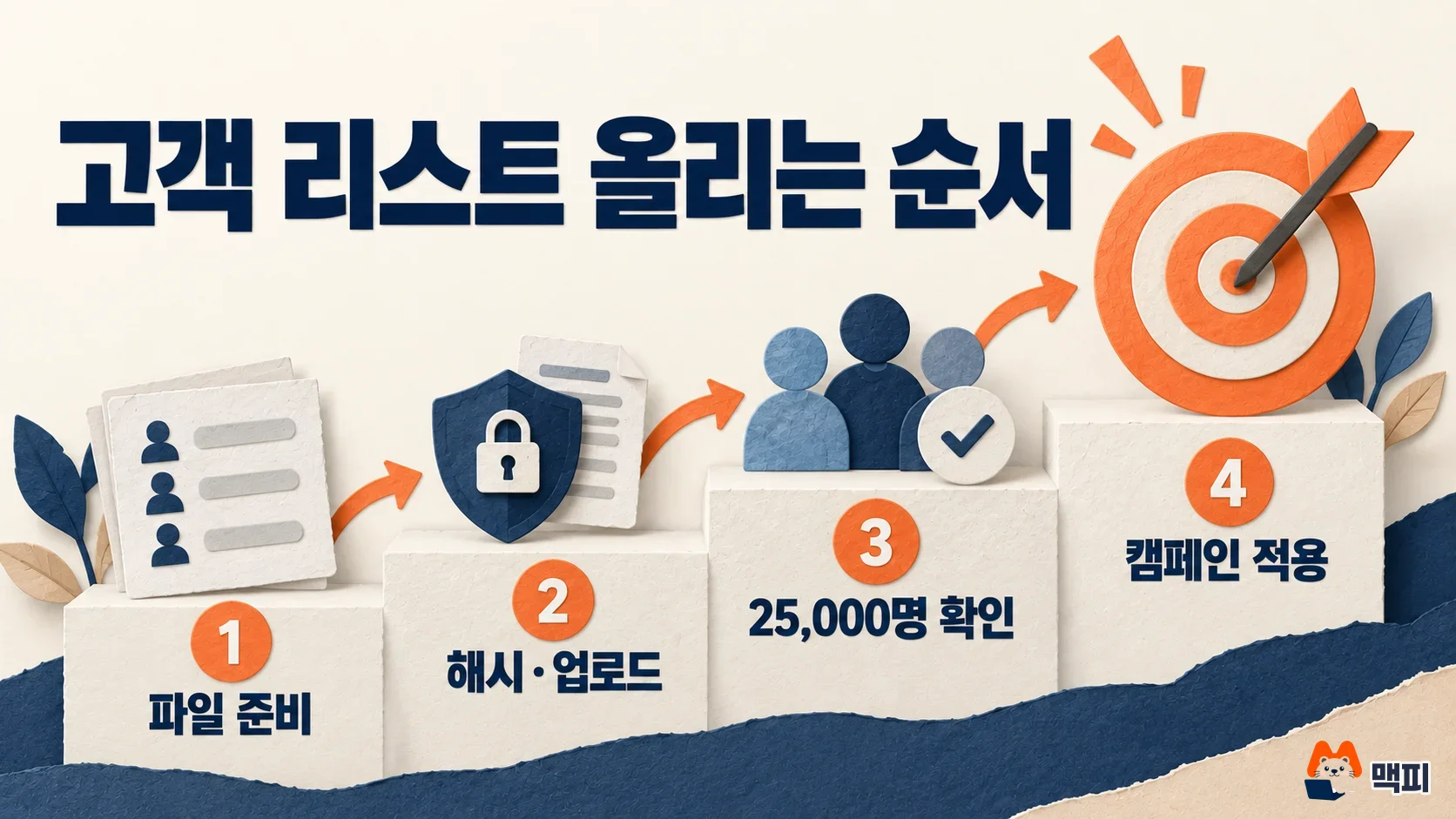 챗GPT 광고 고객 리스트를 파일 준비, 해시와 업로드, 25,000명 확인, 캠페인 적용 순서로 올리는 네 단계 도해