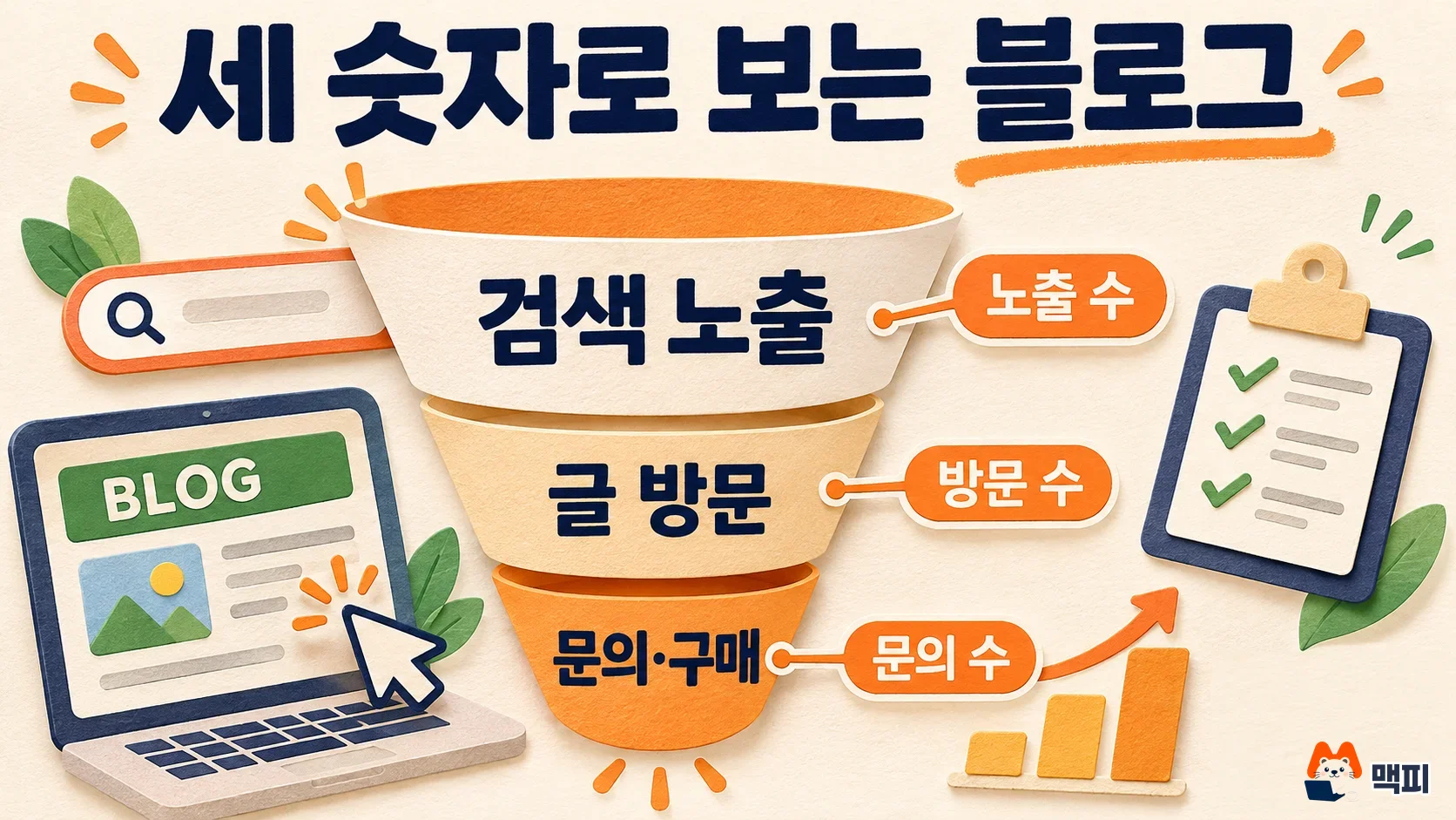 Funnel diagram showing blog marketing results in three stages: impressions, visits, and inquiries