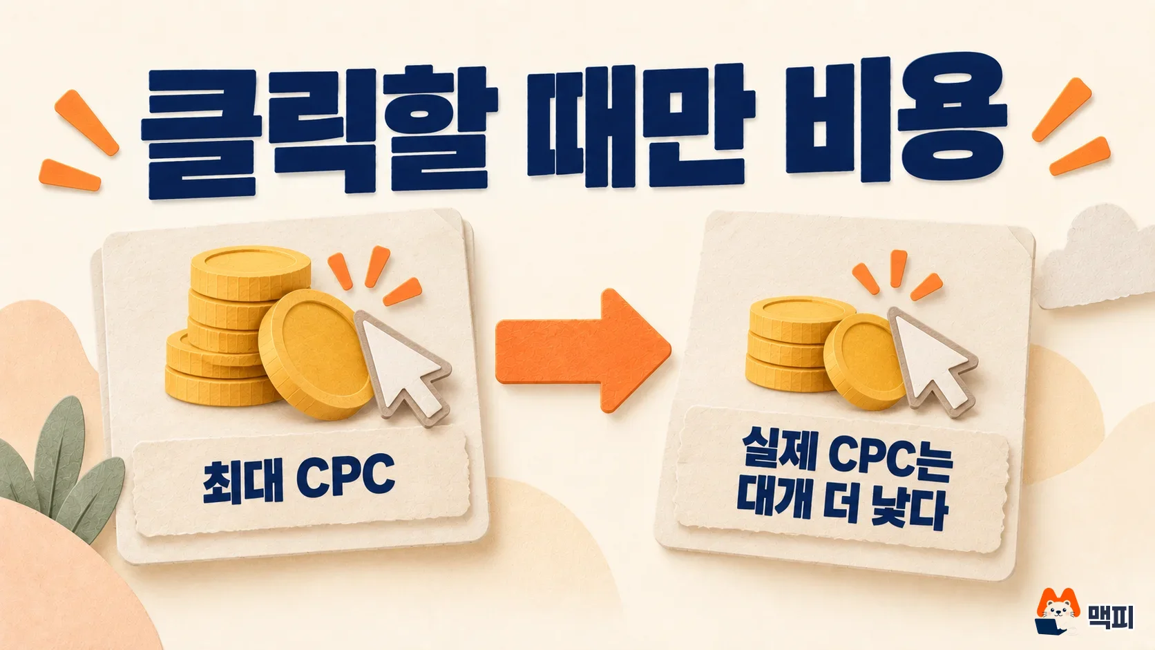 Comparison diagram showing that Google Ads costs are charged on clicks and that actual CPC is usually lower than max CPC