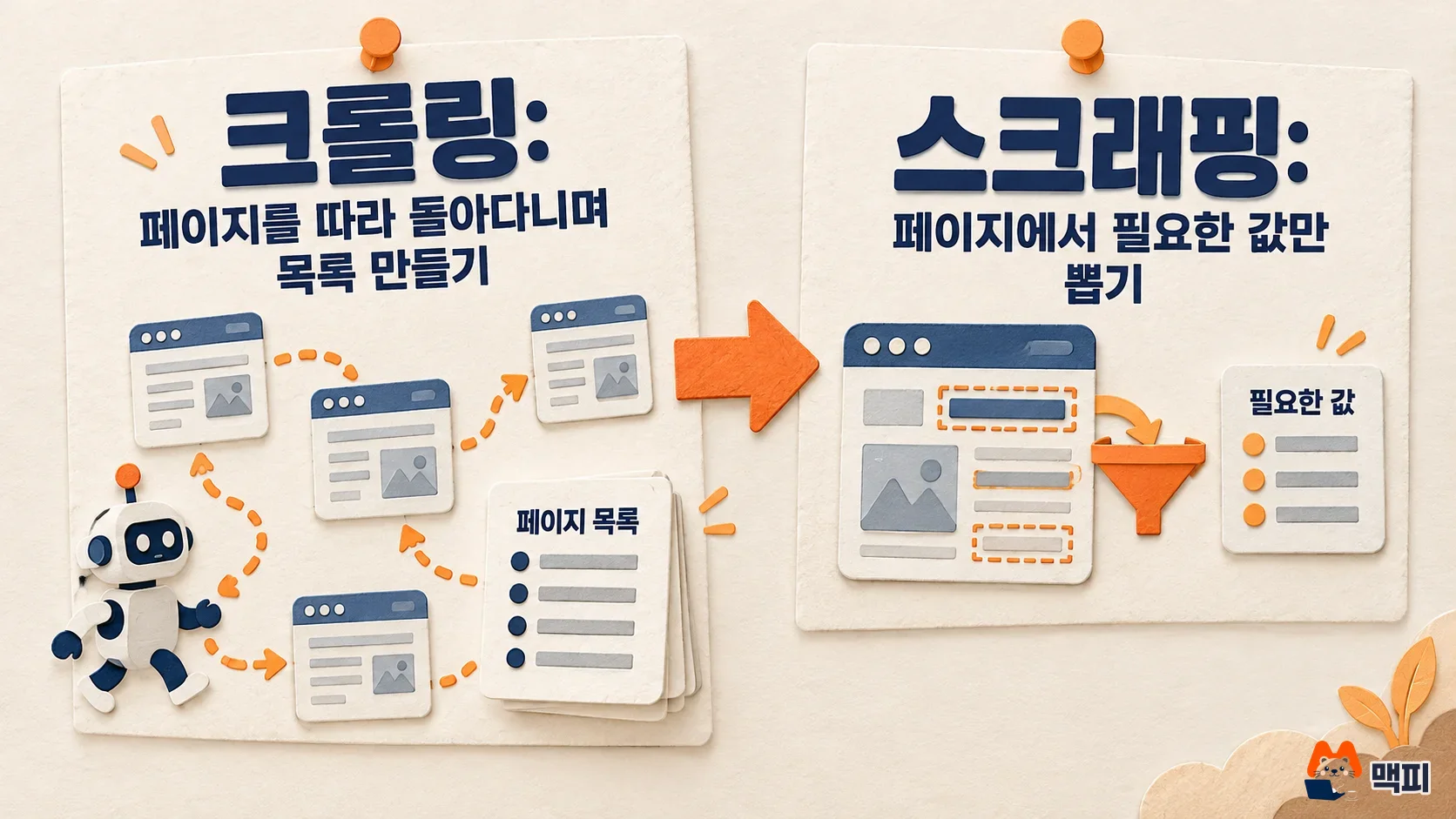 크롤링과 스크래핑 차이를 비교한 도해