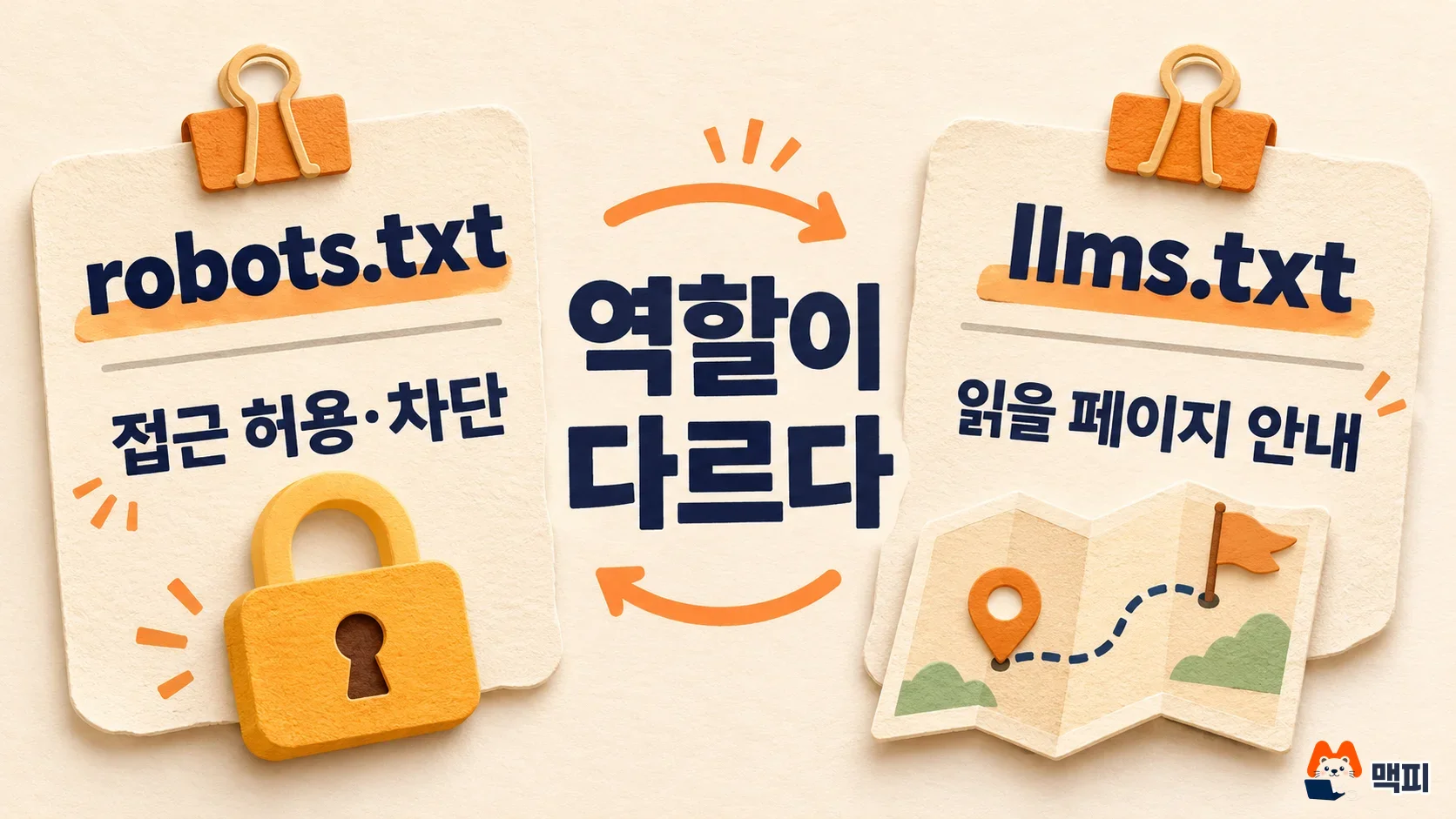 Illustration comparing the roles of llms.txt and robots.txt, using a lock and a map