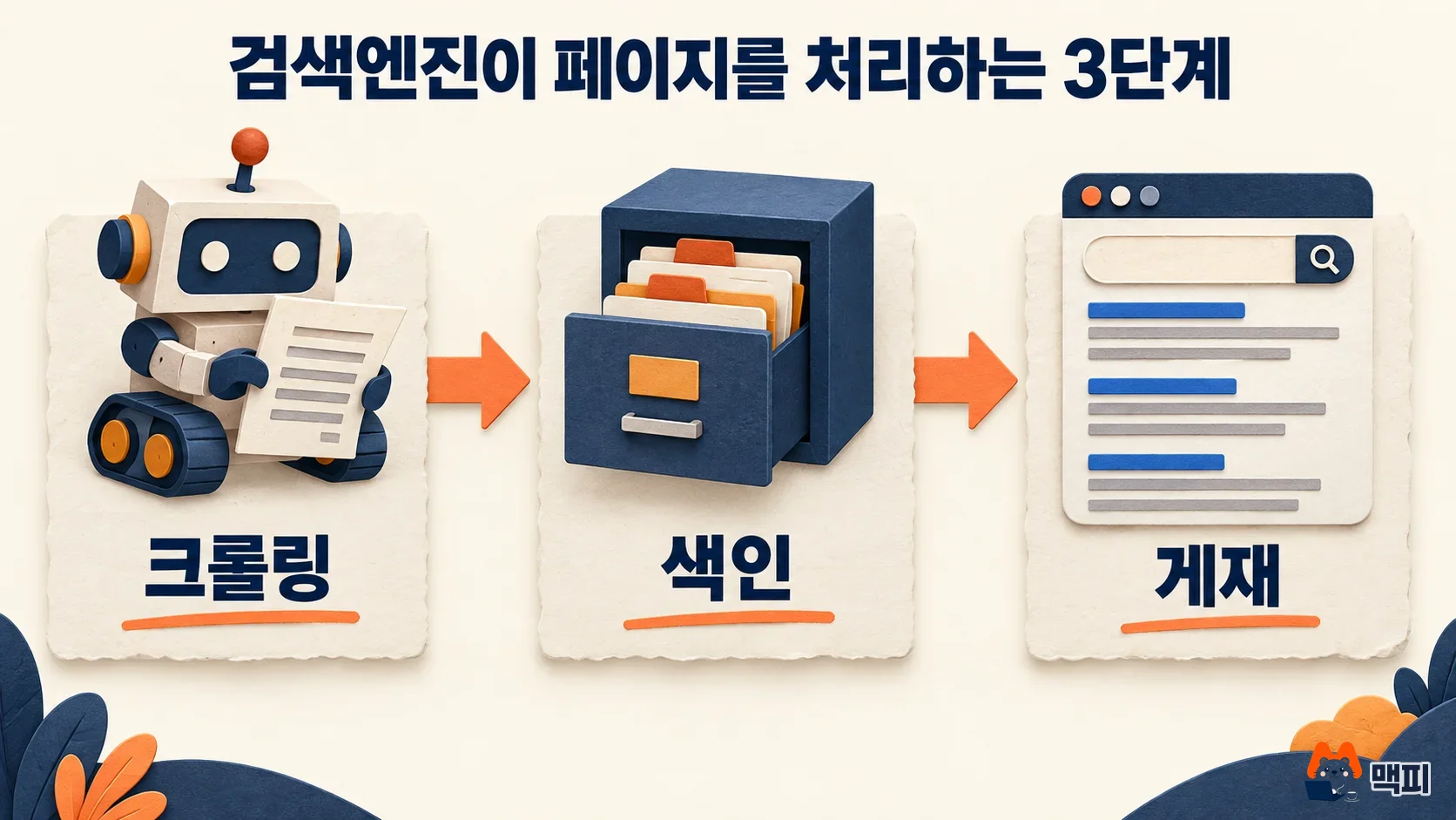 Diagram showing the three stages of a search engine in order, crawling, indexing, and serving, which are the core of understanding SEO