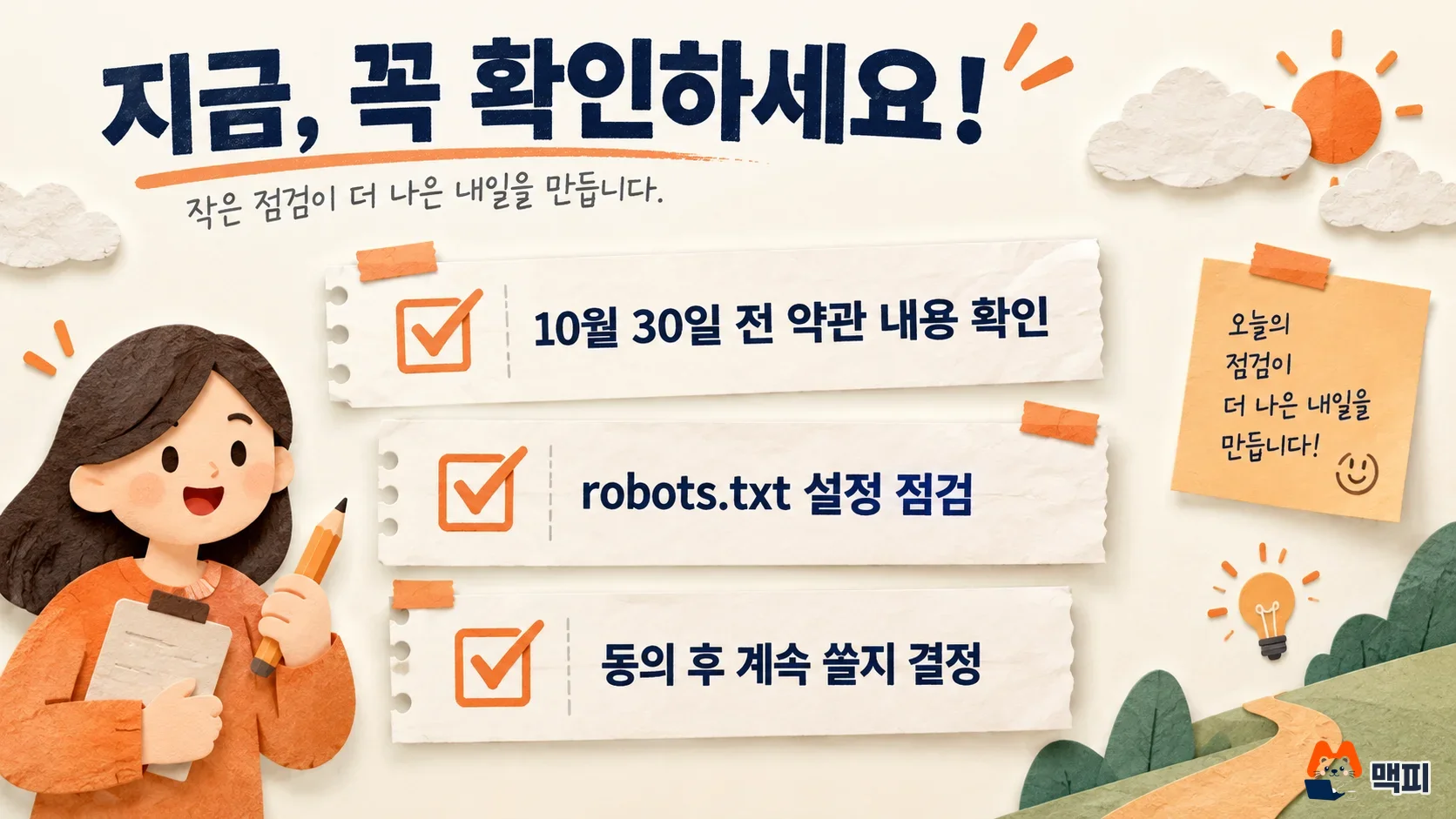 메타 상업용 약관 시행 전 약관 확인, robots.txt 점검, 동의 후 이용 결정을 정리한 체크리스트 도해