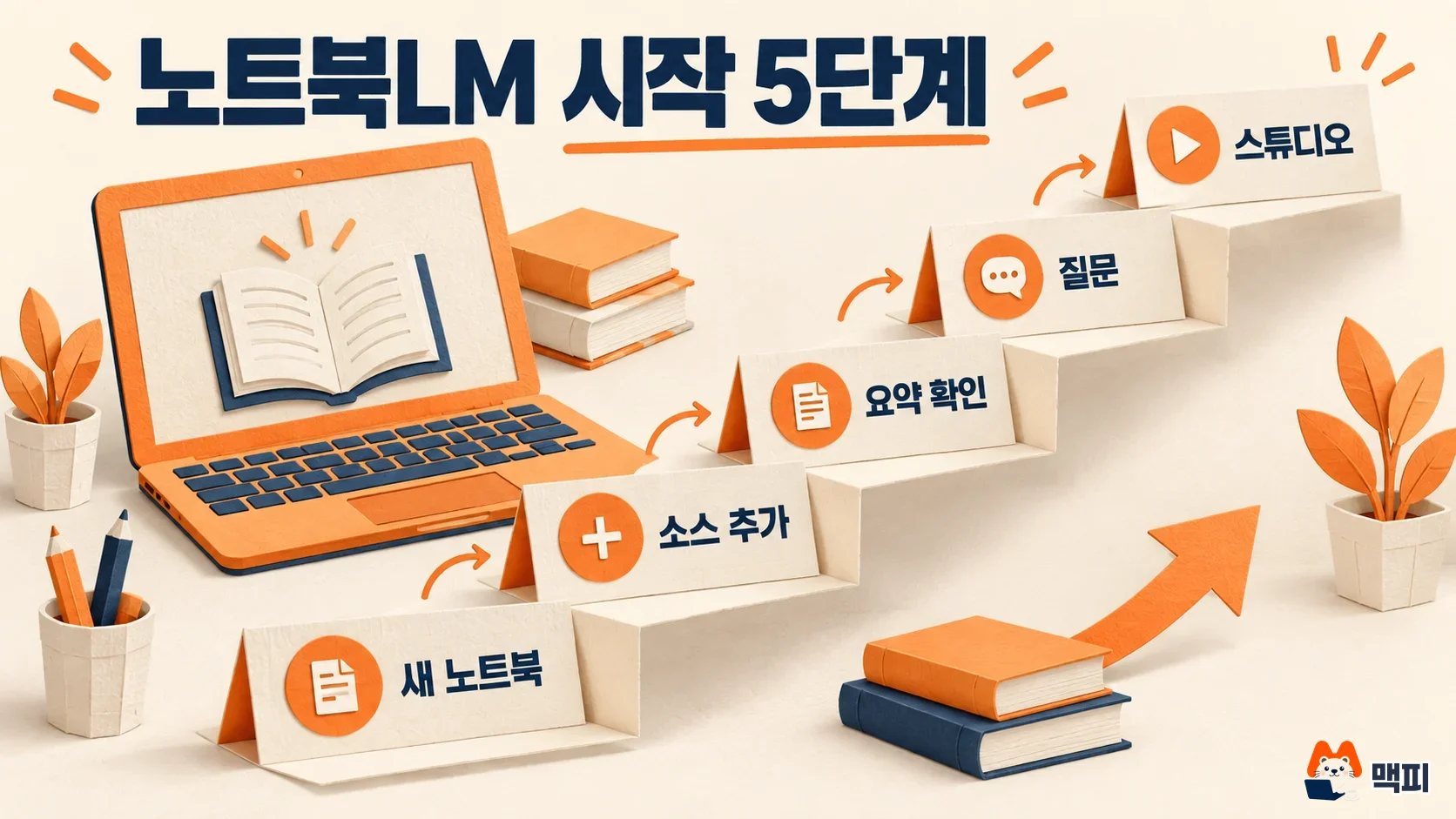노트북LM 사용법의 시작 5단계인 새 노트북, 소스 추가, 요약 확인, 질문, 스튜디오를 계단으로 보여 주는 도해