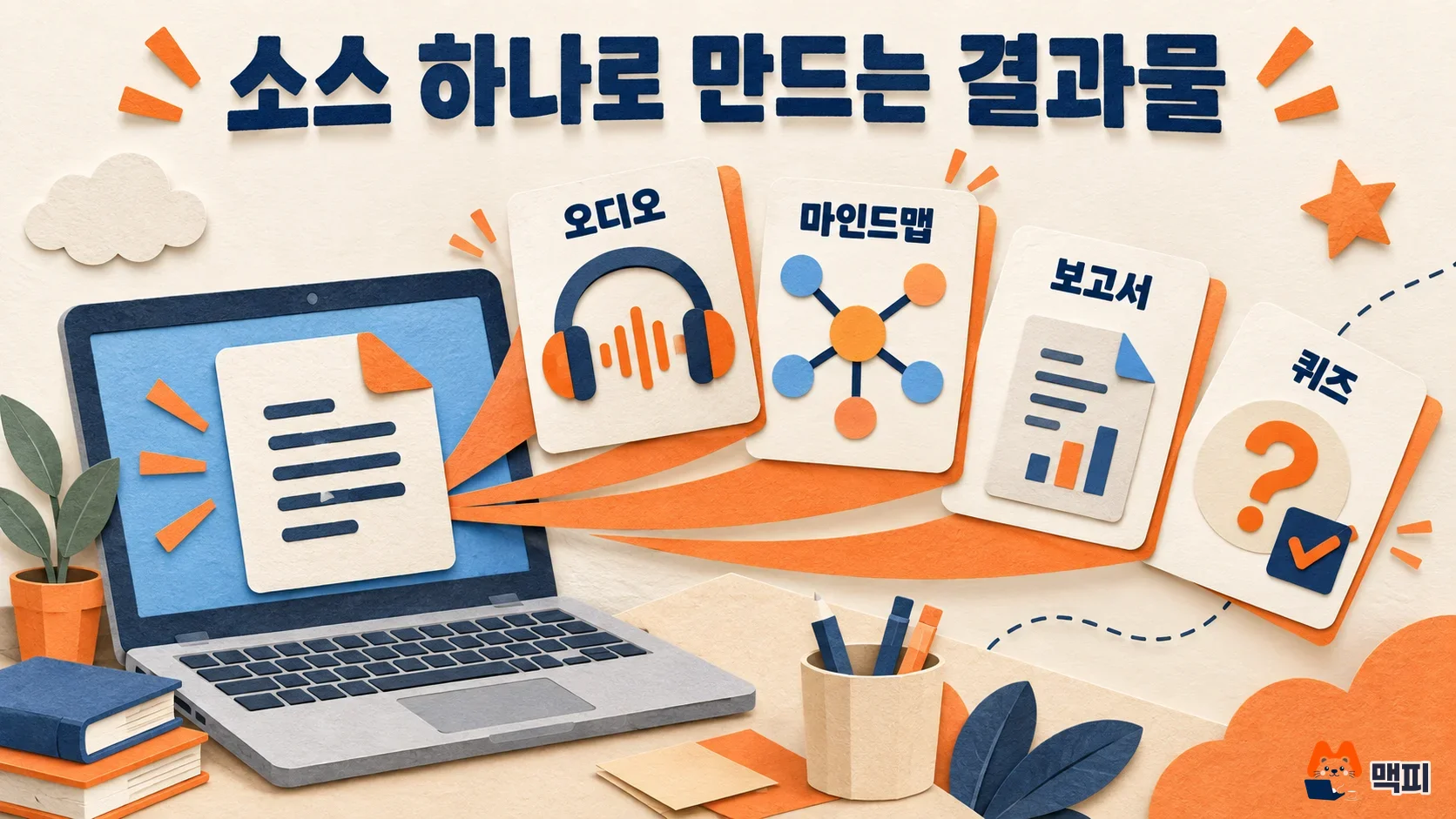 노트북LM 스튜디오에서 소스 하나로 오디오, 마인드맵, 보고서, 퀴즈를 만드는 도해