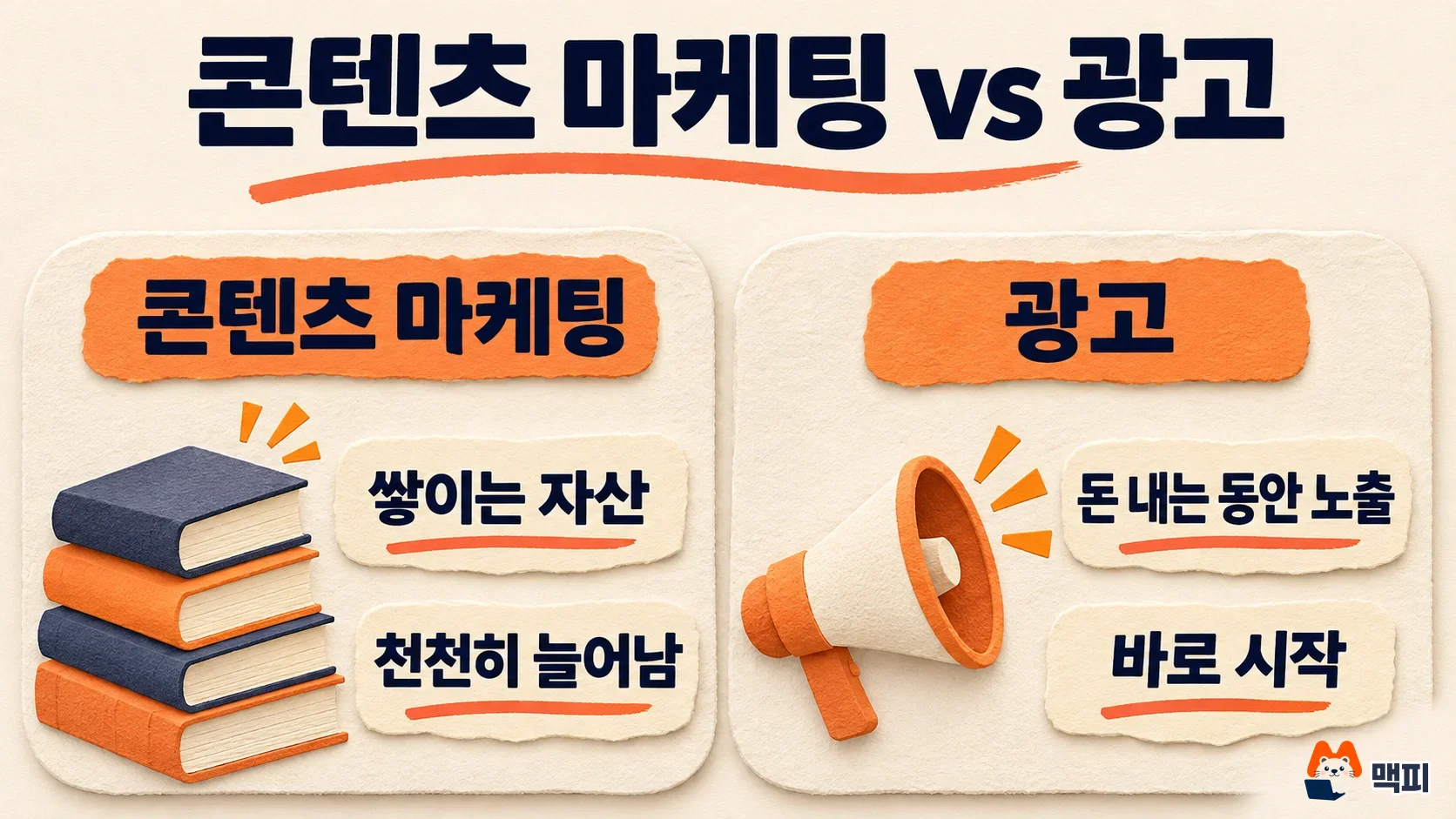 콘텐츠 마케팅과 광고의 차이를 쌓이는 자산과 돈 내는 동안만 노출되는 구조로 비교한 도해