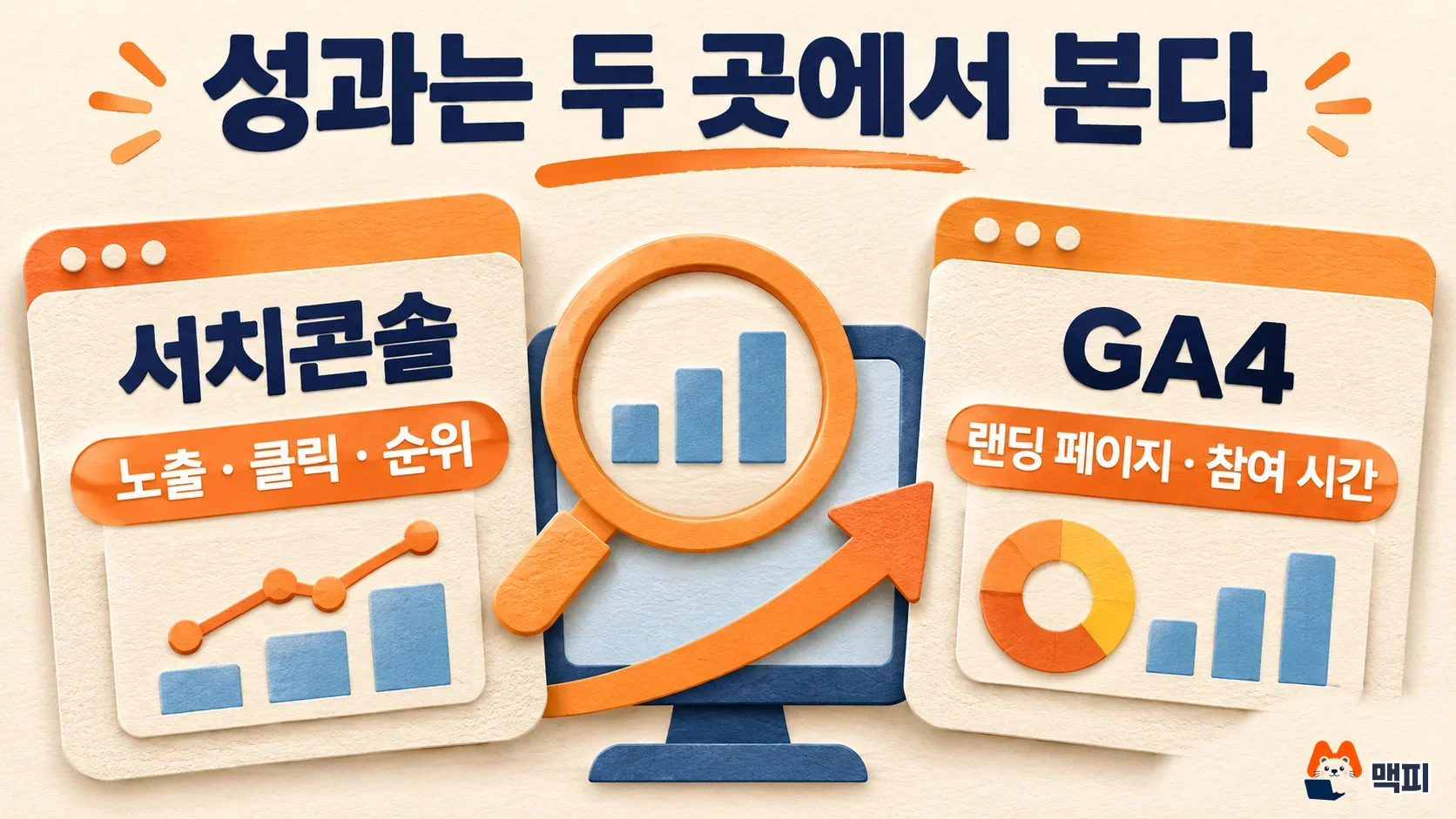 콘텐츠 마케팅 성과를 서치콘솔의 노출·클릭·순위와 GA4의 랜딩 페이지·참여 시간으로 나눠 보는 도해