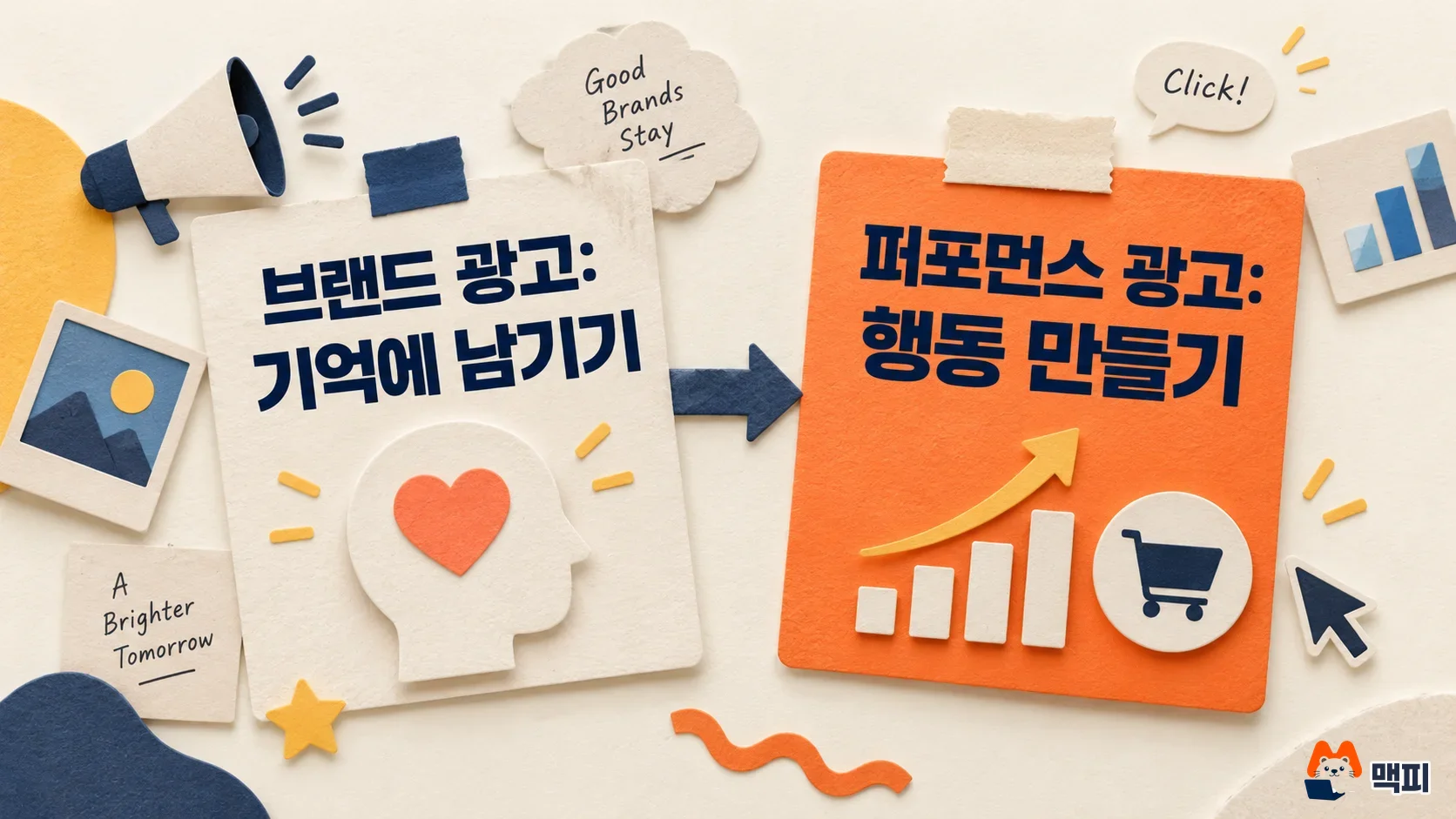 Diagram comparing goals: branding ads aim to be remembered, performance ads aim to drive action