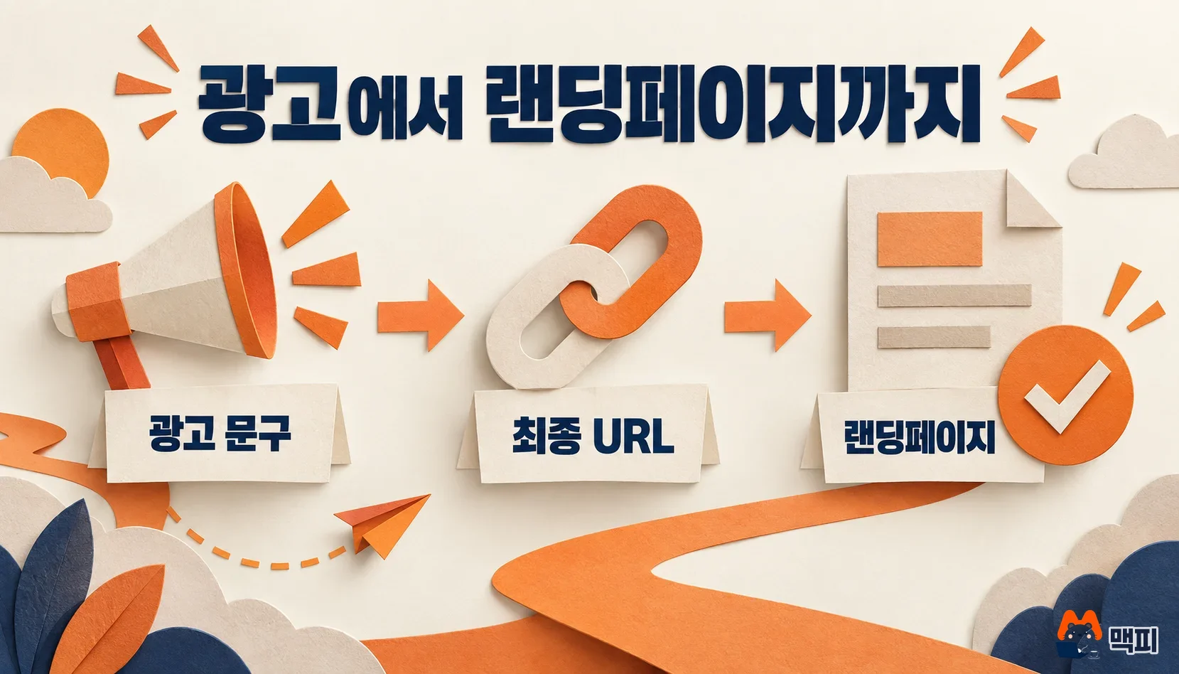 랜딩페이지는 광고 문구에서 최종 URL을 거쳐 도착하는 페이지라는 흐름을 보여 주는 도해