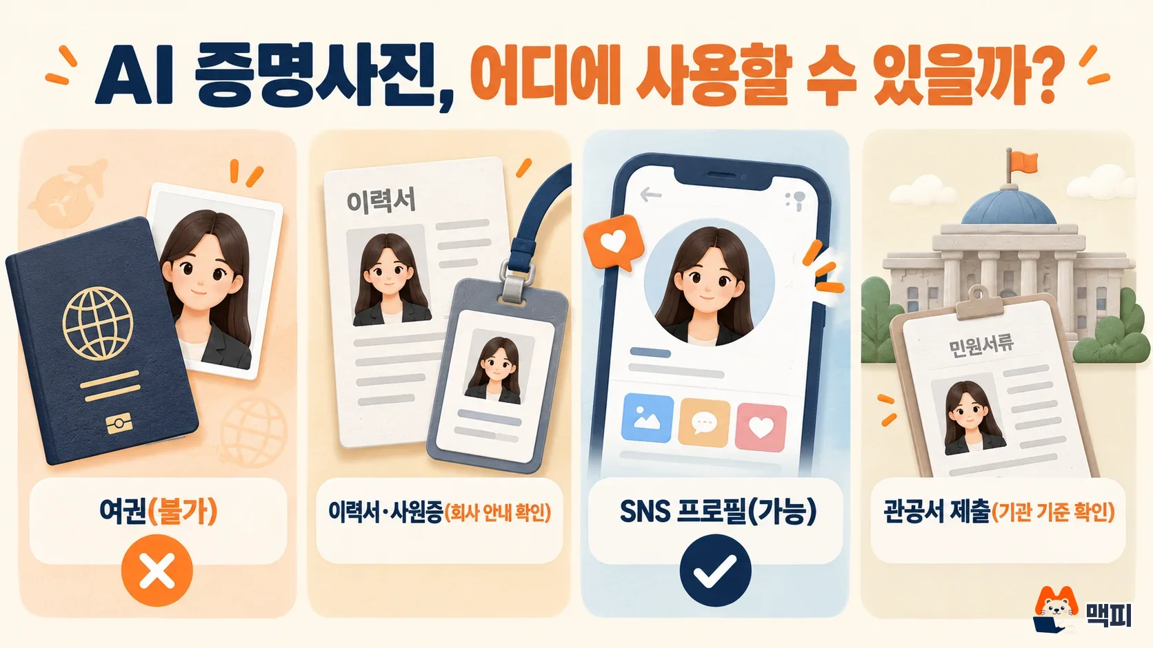 AI 증명사진을 여권, 이력서, SNS 프로필, 관공서 제출에 쓸 수 있는지 용도별로 비교한 도해