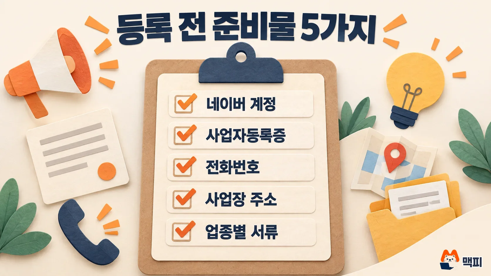 네이버 플레이스 등록 준비물: 네이버 계정, 사업자등록증, 전화번호, 사업장 주소, 업종별 서류 체크리스트 일러스트