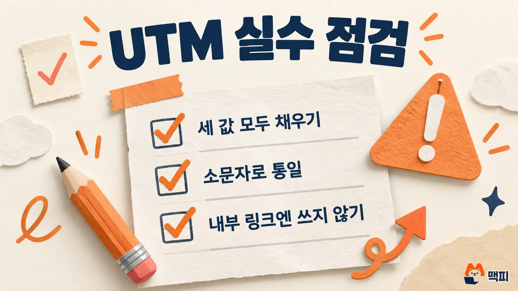 Checklist diagram of common UTM parameter mistakes: missing one of the three values, mixed case, and use on internal links