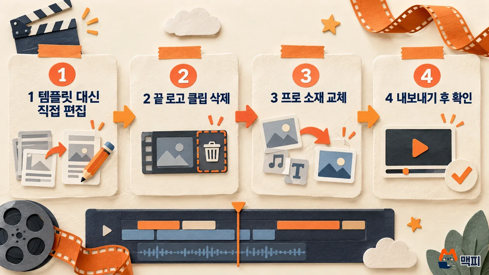 Diagram of four steps to remove the CapCut watermark: edit manually, delete the end logo clip, replace Pro assets, and check the export