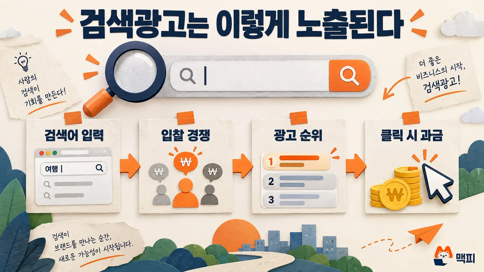 Diagram showing how a search ad appears: search term entered, bid competition, ad rank decided, charge on click