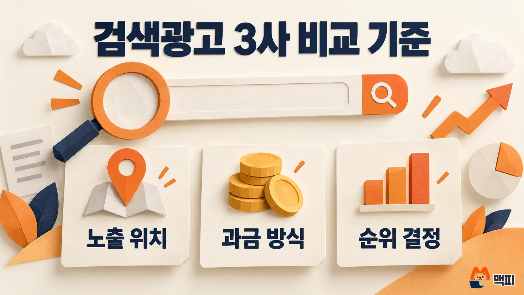 검색광고 네이버·구글·카카오를 노출 위치, 과금 방식, 순위 결정 요소로 비교하는 도해