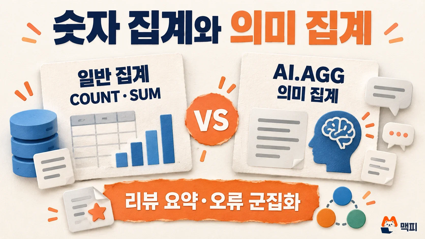 빅쿼리 AI.AGG 의미 집계와 COUNT·SUM 숫자 집계를 비교한 그림