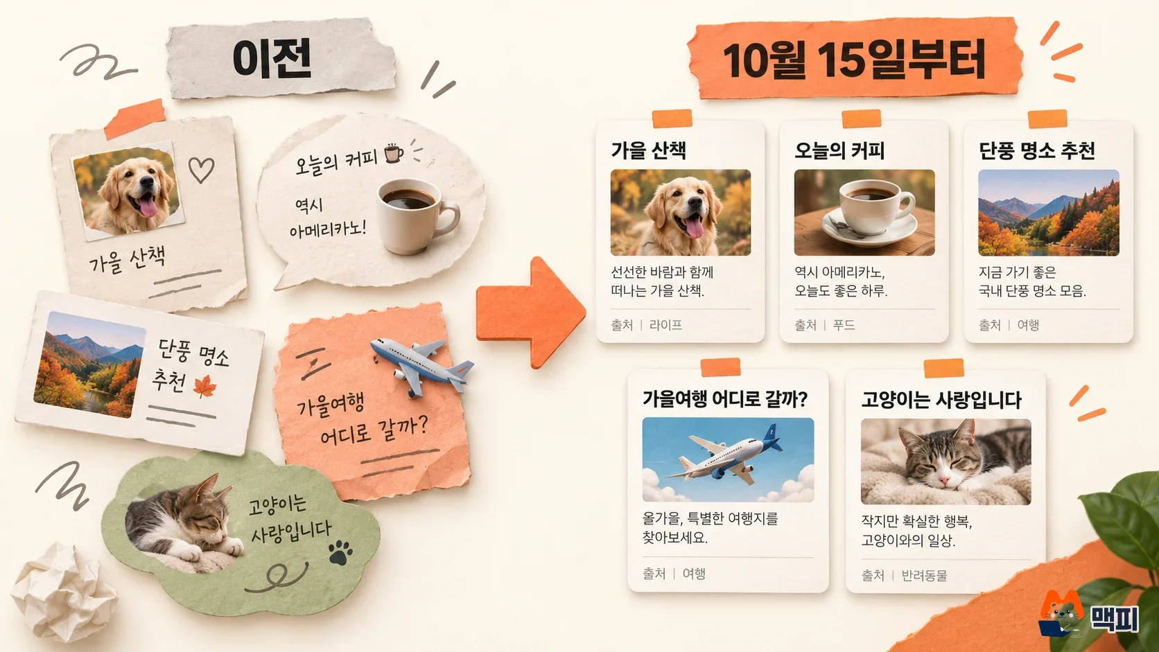 Before and after comparison of Naver search redesign, with web, blog, cafe, Knowledge iN and video results aligned in the same frame