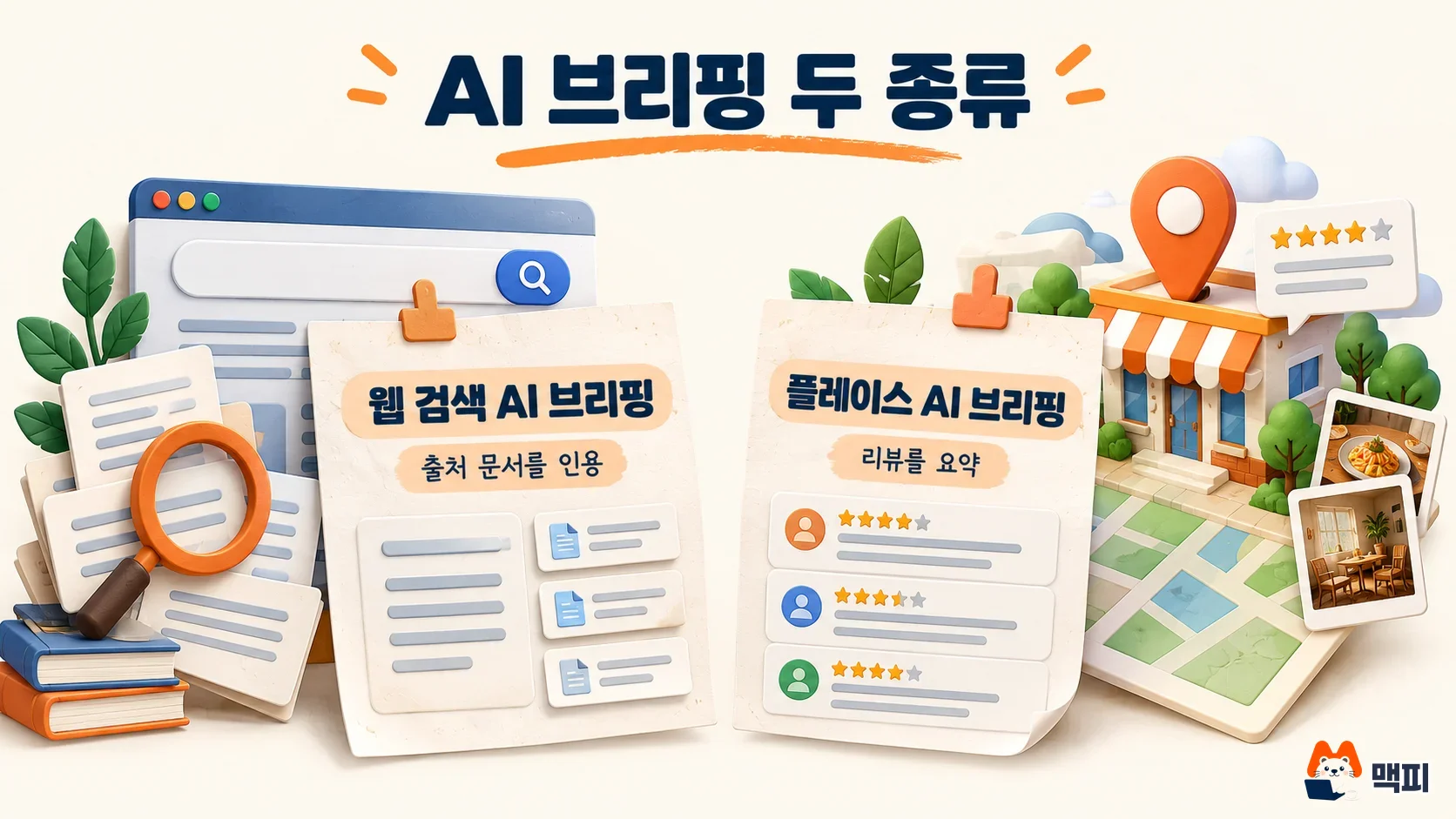 Two kinds of Naver AI Briefing: web search AI Briefing that cites source documents, and Place AI Briefing that summarizes reviews