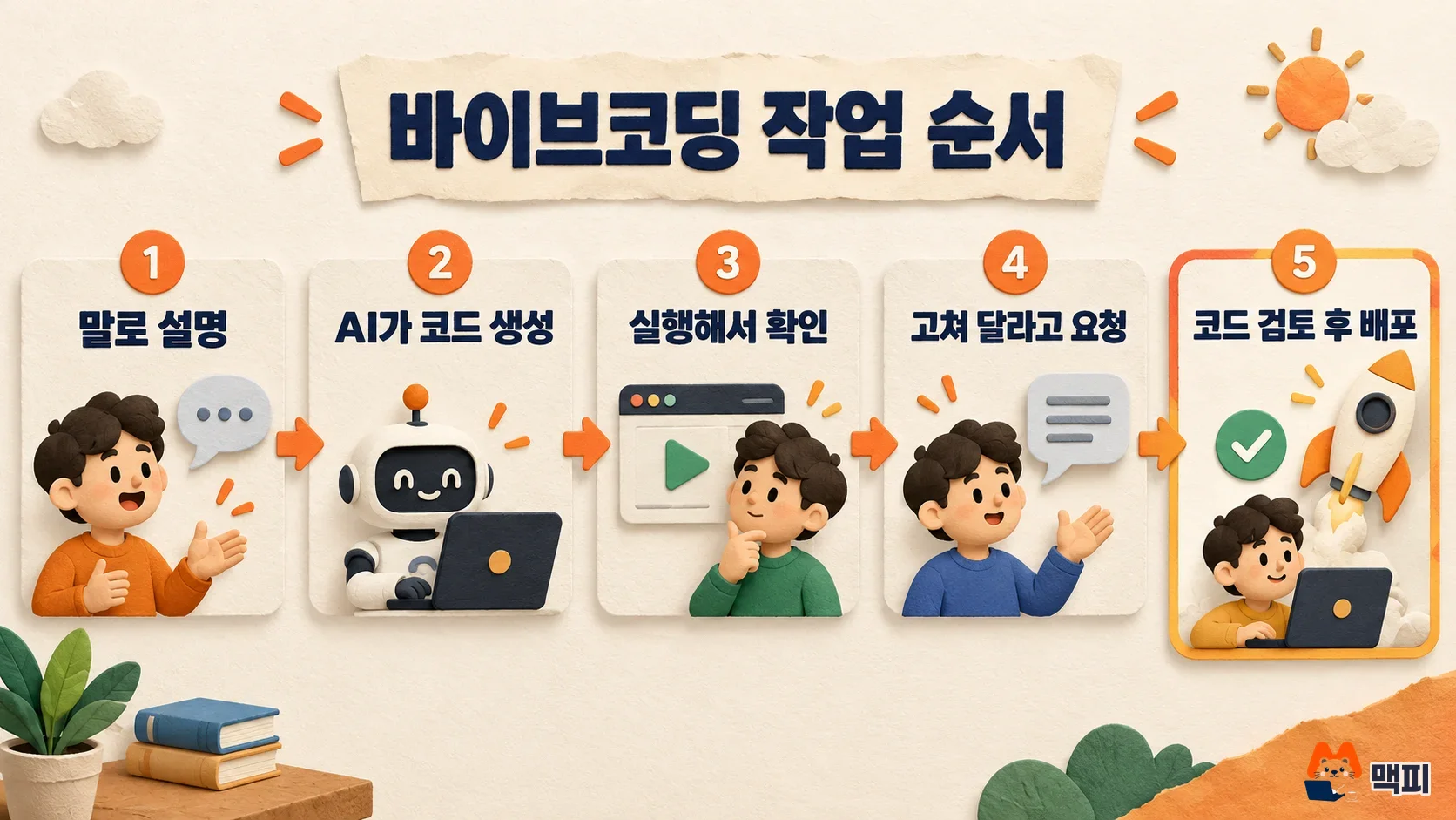 바이브코딩 작업 순서: 말로 설명, AI 코드 생성, 실행 확인, 수정 요청, 코드 검토 후 배포의 다섯 단계 도해