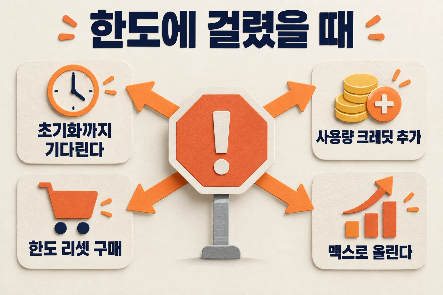 Illustration of four paths when you hit a Claude usage limit: wait for the reset, add usage credits, buy a limit reset, or upgrade to Max.