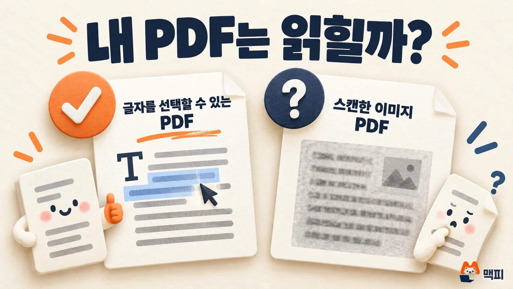 글자를 선택할 수 있는 PDF와 스캔한 이미지 PDF를 비교해 PDF 검색 노출 가능성을 설명하는 도해