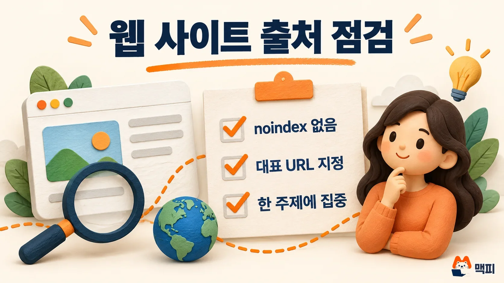 웹 사이트 출처 점검 체크리스트: noindex 없음, 대표 URL 지정, 한 주제에 집중
