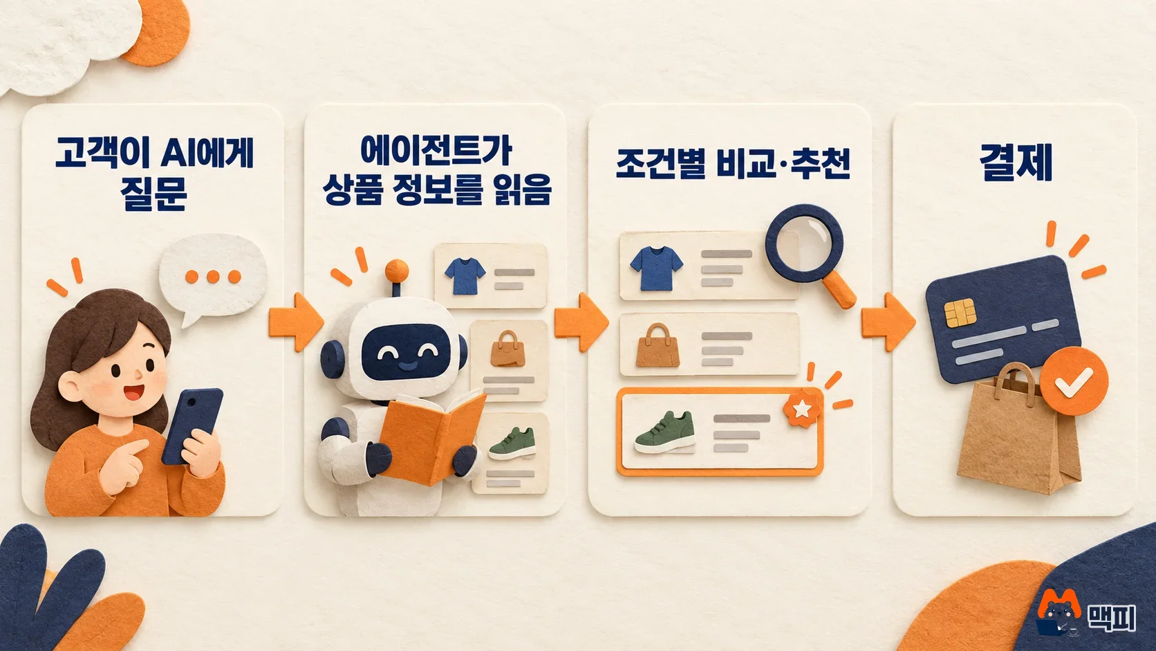 Four-step flow in agentic commerce from a customer question to reading product data, comparing and recommending, and checkout