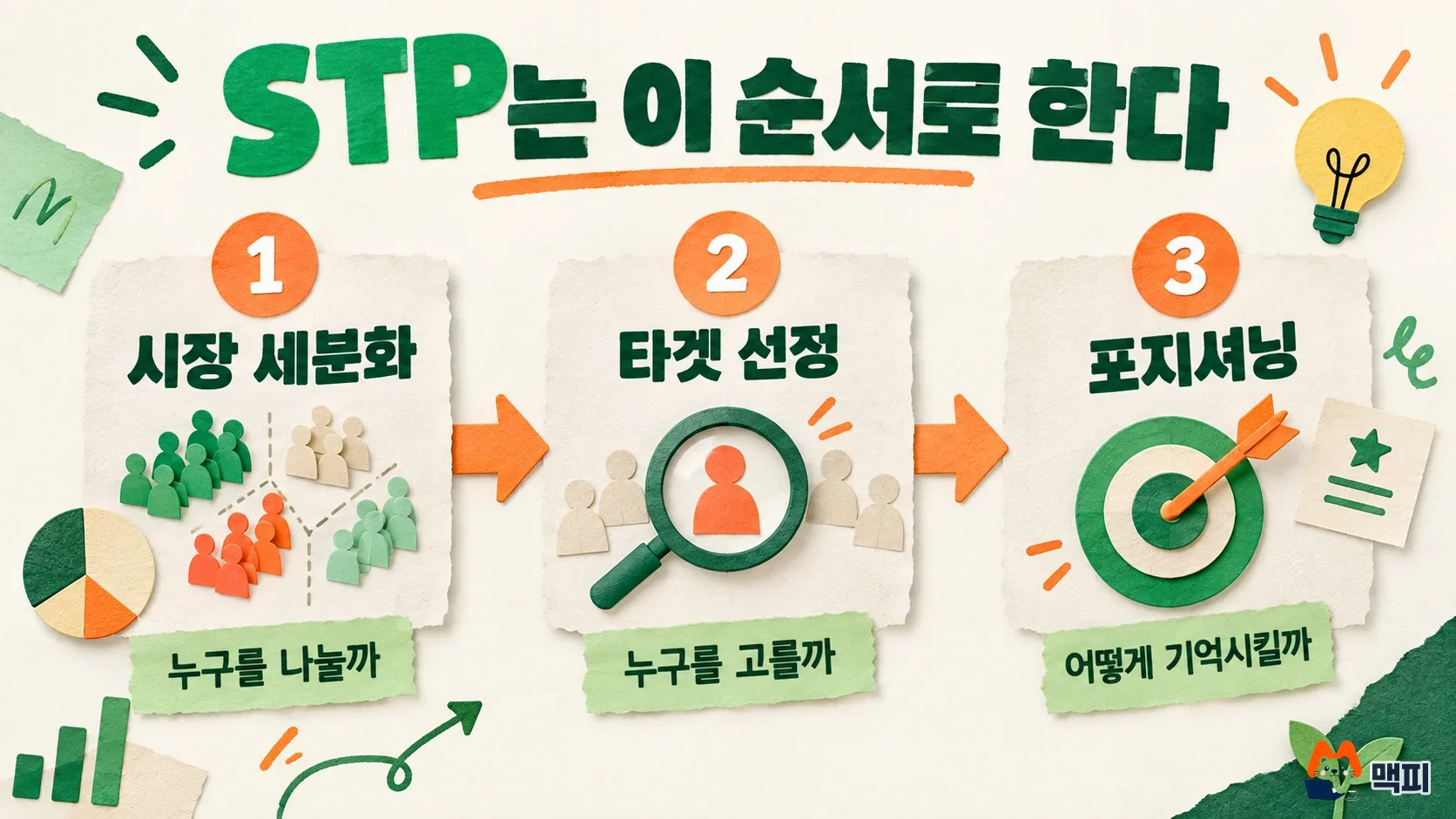 Diagram showing the three steps of STP strategy in order: market segmentation, targeting and positioning