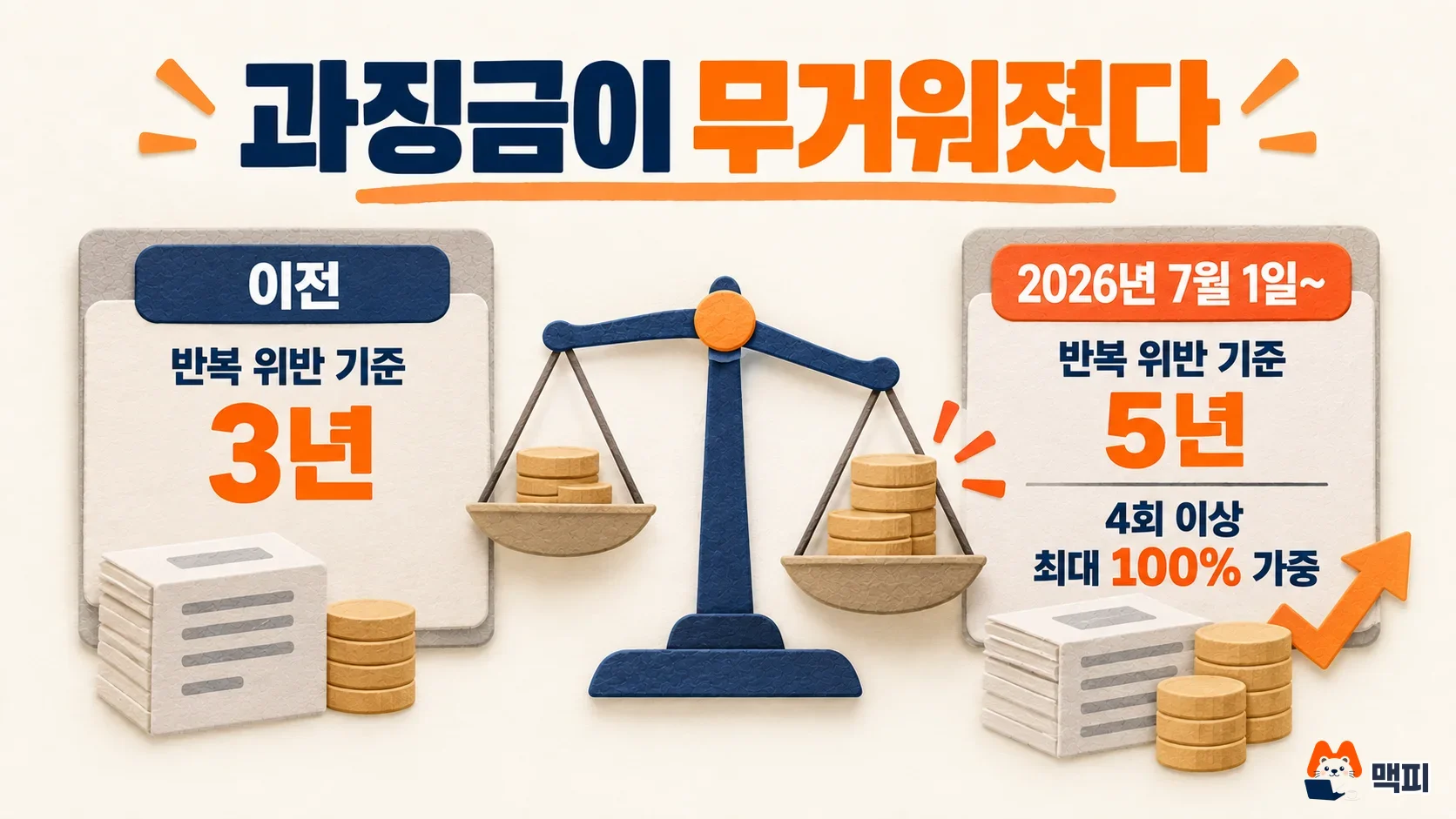 뒷광고 과징금 기준이 반복 위반 3년에서 2026년 7월 1일부터 5년으로 늘어난 것을 저울로 비교한 도해