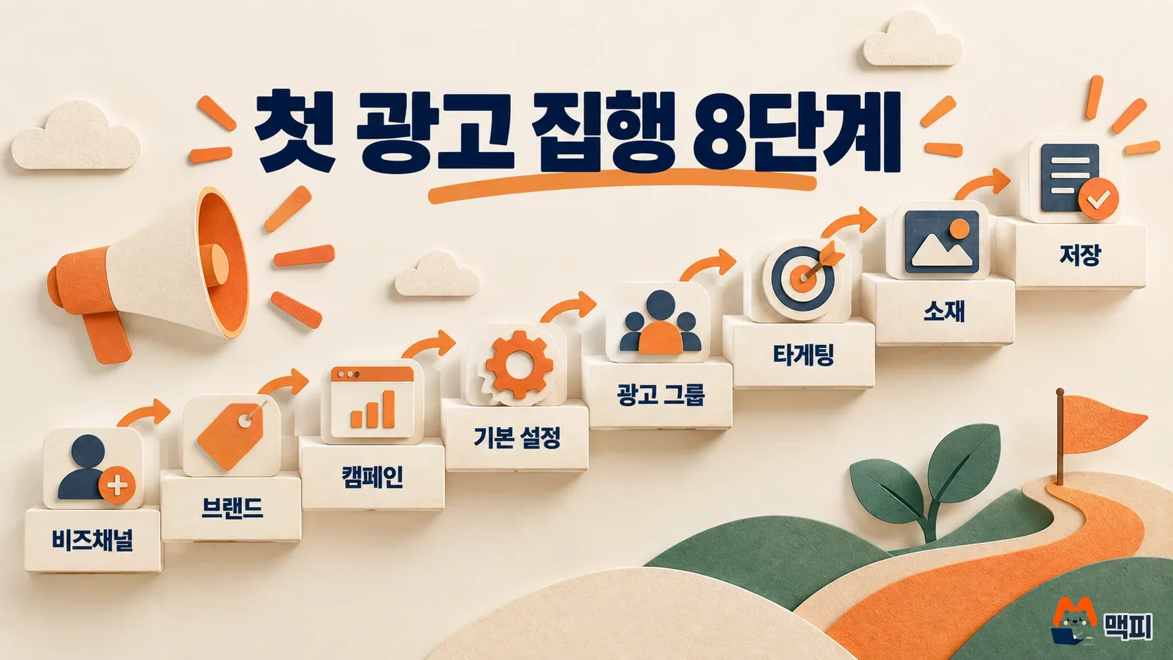네이버 GFA 광고 첫 집행 순서인 비즈채널 등록부터 저장까지 8단계를 계단으로 보여 주는 도해