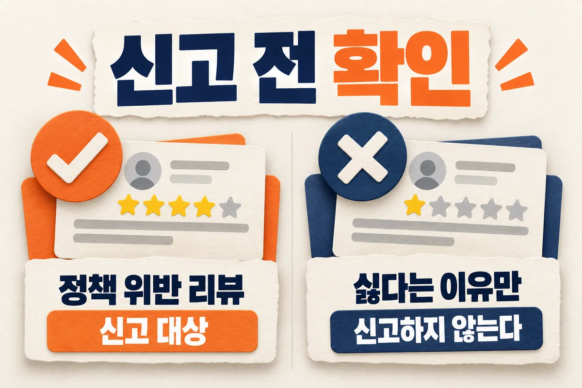 구글 리뷰 삭제 신고 전에 정책 위반 리뷰는 신고하고 싫다는 이유만인 리뷰는 신고하지 않는다고 나누는 체크 도해