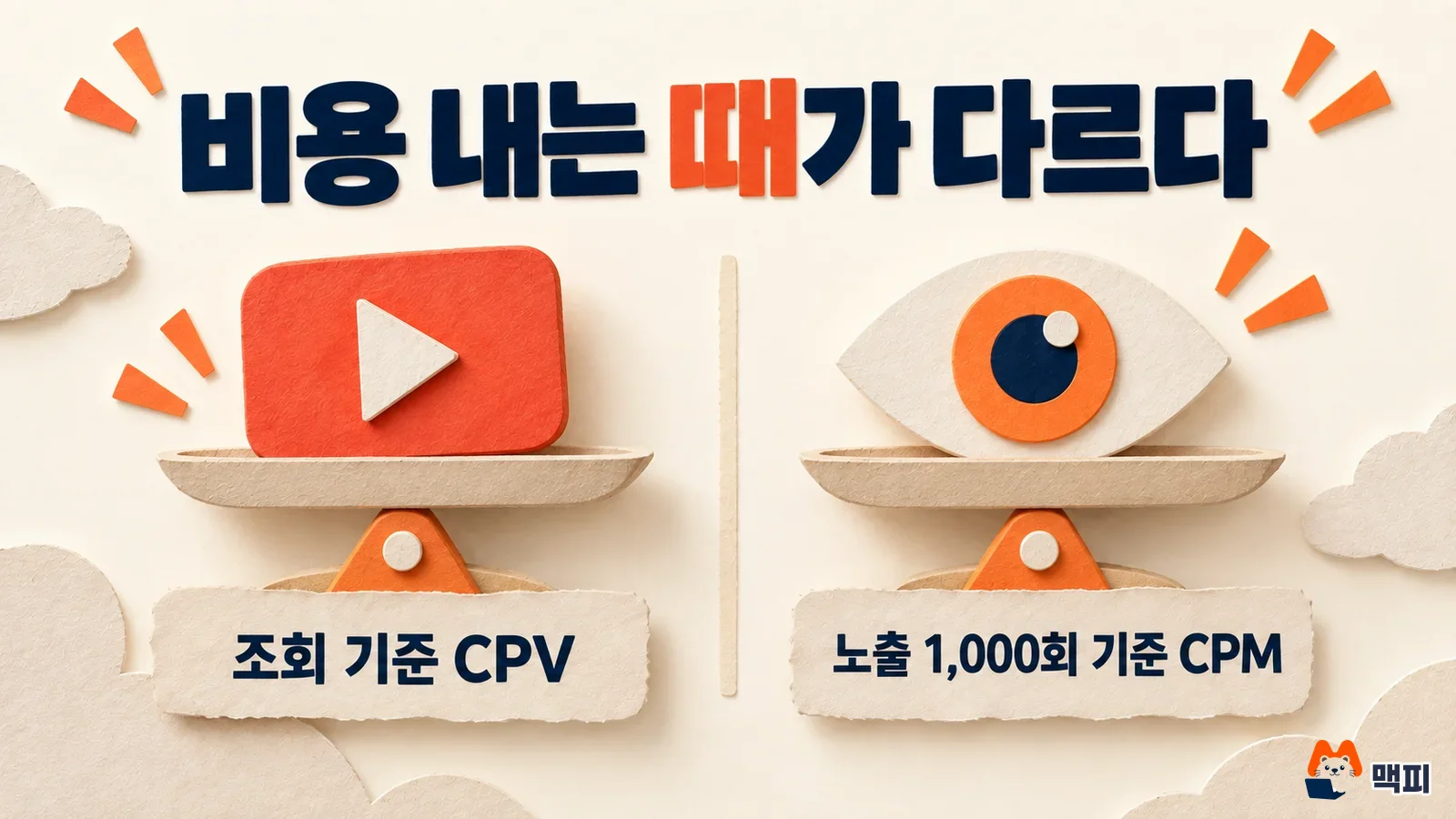 유튜브 광고 비용이 조회 기준 CPV와 노출 1,000회 기준 CPM으로 나뉘는 차이를 저울로 비교한 도해