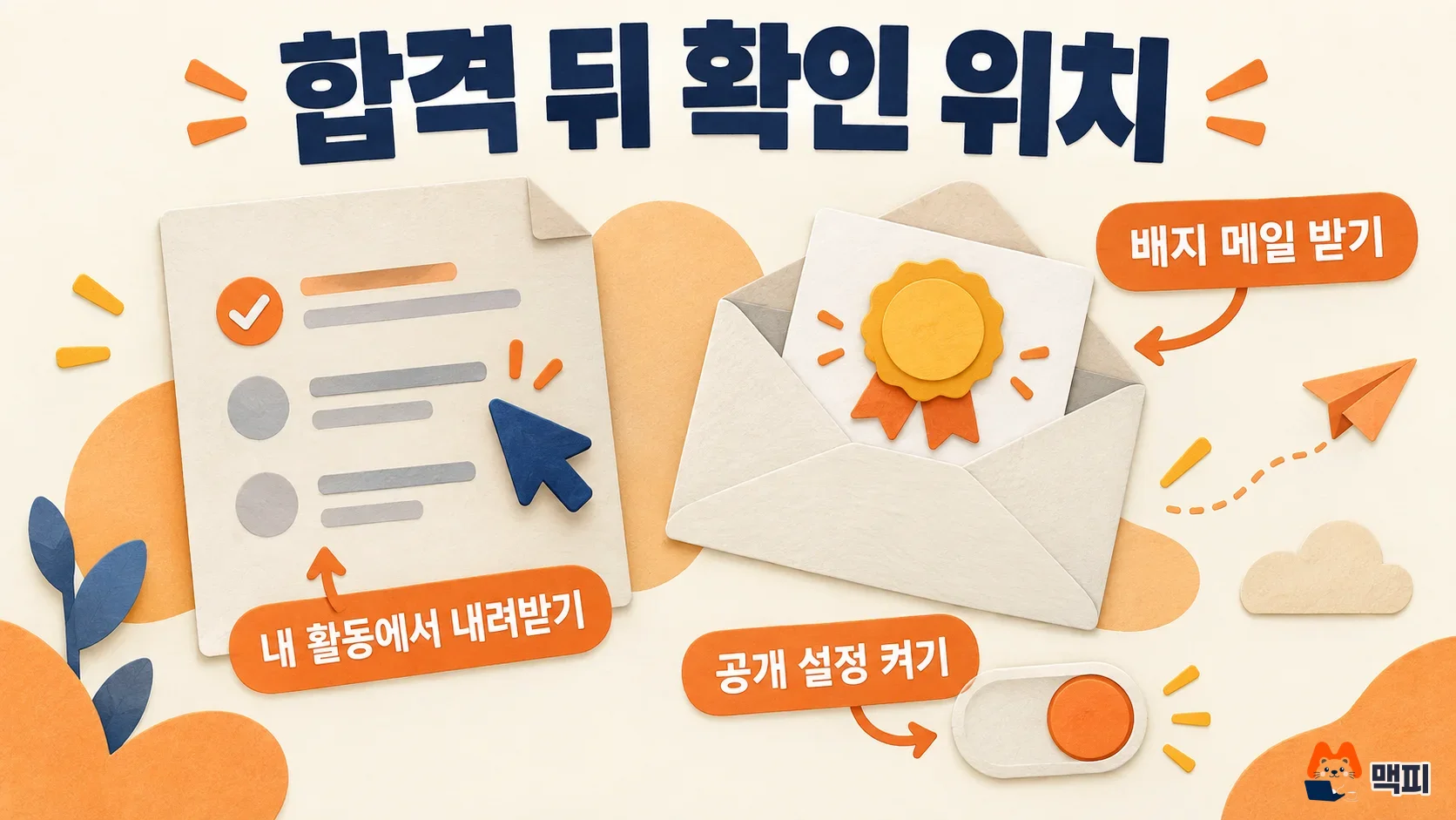 GA4 자격증 합격 뒤 내 활동에서 인증 내려받기, 배지 안내 메일 받기, 배지 공개 설정을 보여 주는 도해