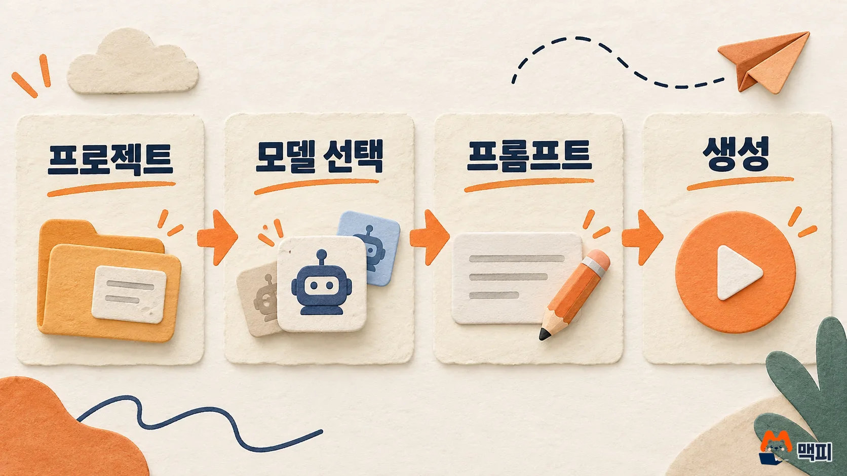 구글 플로우 사용법 중 프로젝트, 모델 선택, 프롬프트, 생성 네 단계를 이어서 보여 주는 도해