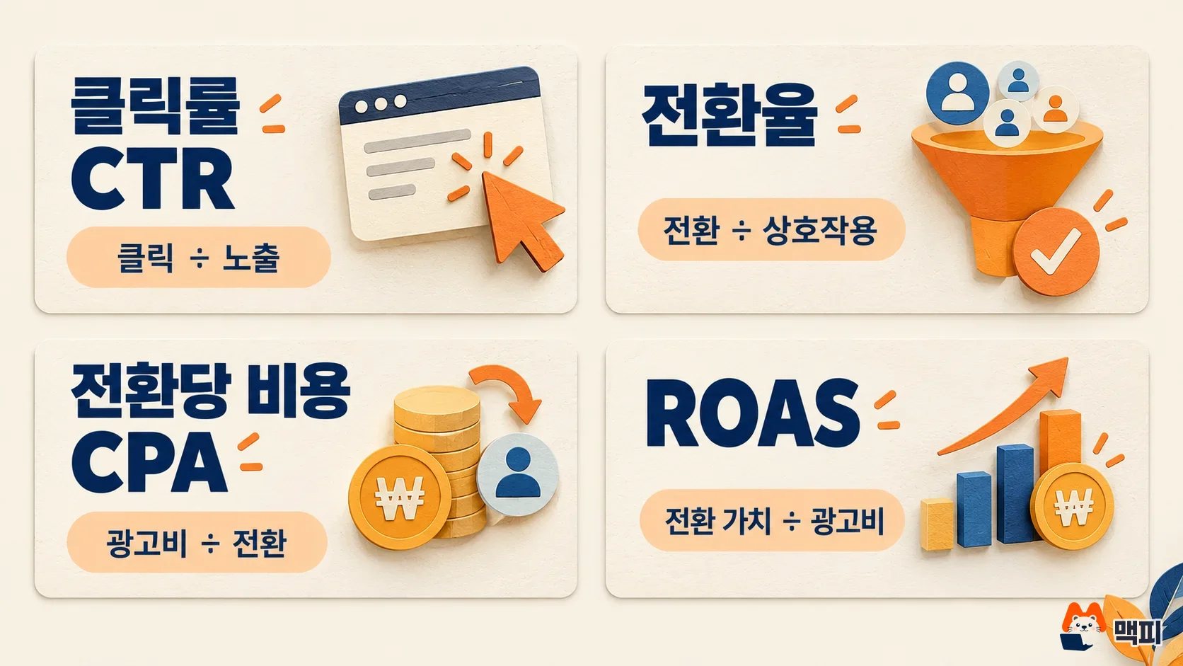 Diagram in 2x2 cards showing the formulas for the marketing KPIs click-through rate, conversion rate, cost per conversion, and ROAS