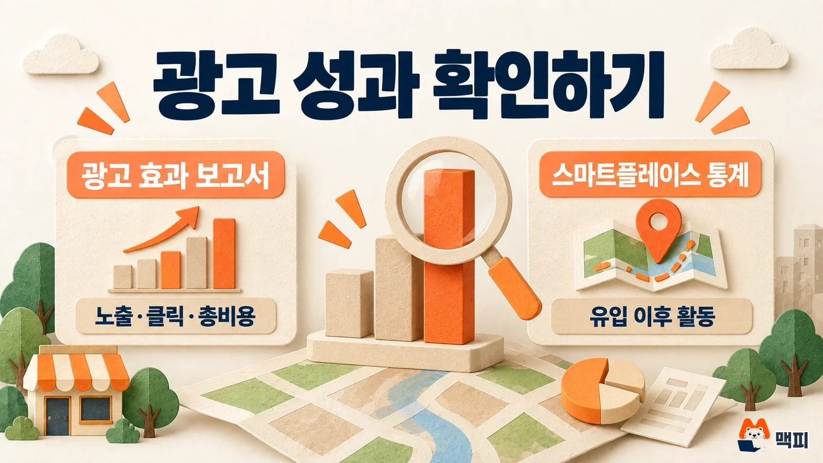 Checking Naver Place ad results: a diagram separating impressions, clicks, and total cost in the ad performance report from post-visit activity in Smart Place statistics