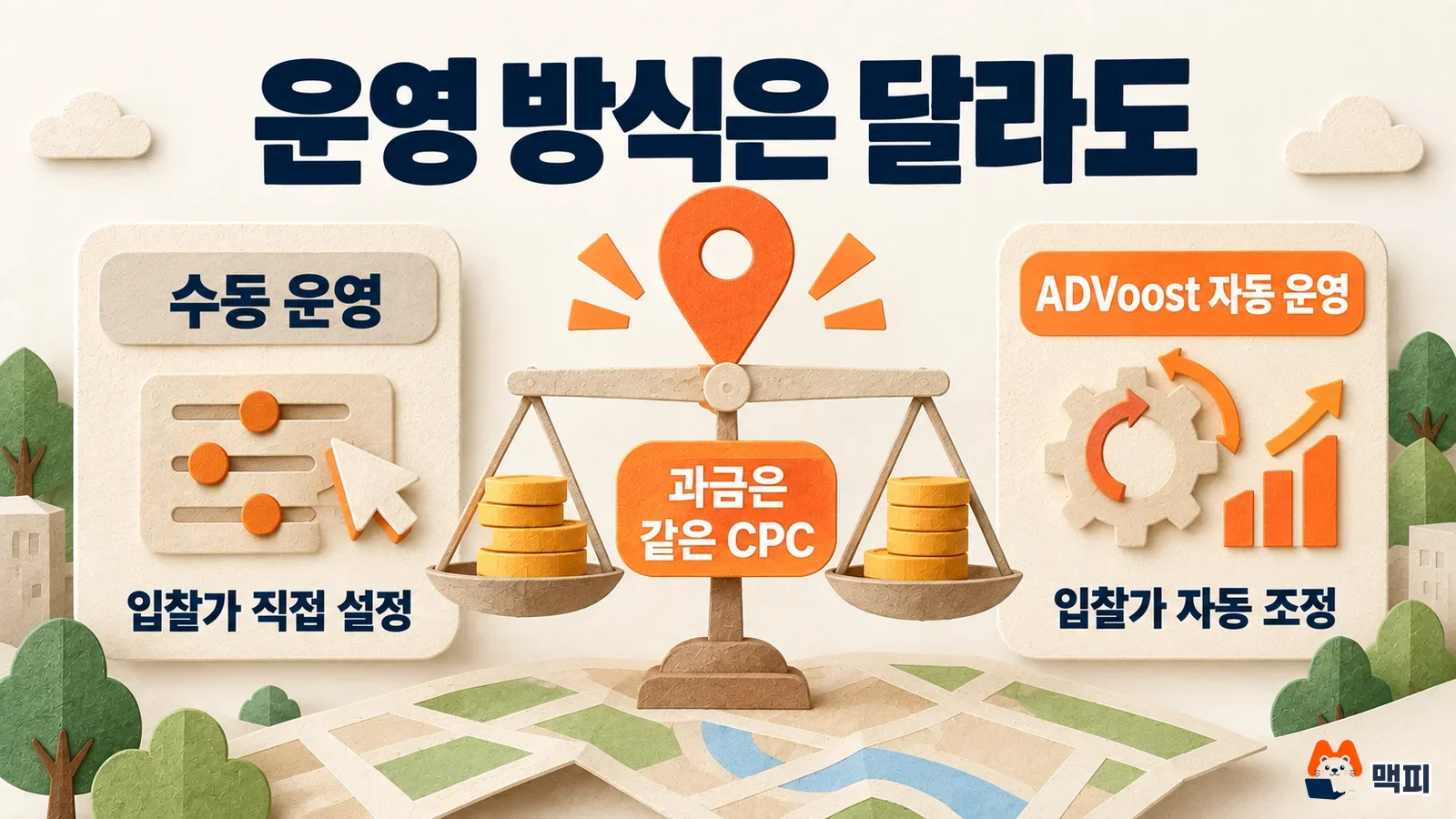 Comparison diagram: in Naver Place ads manual operation you set the bid yourself, ADVoost automatic operation adjusts it automatically, and billing is the same CPC