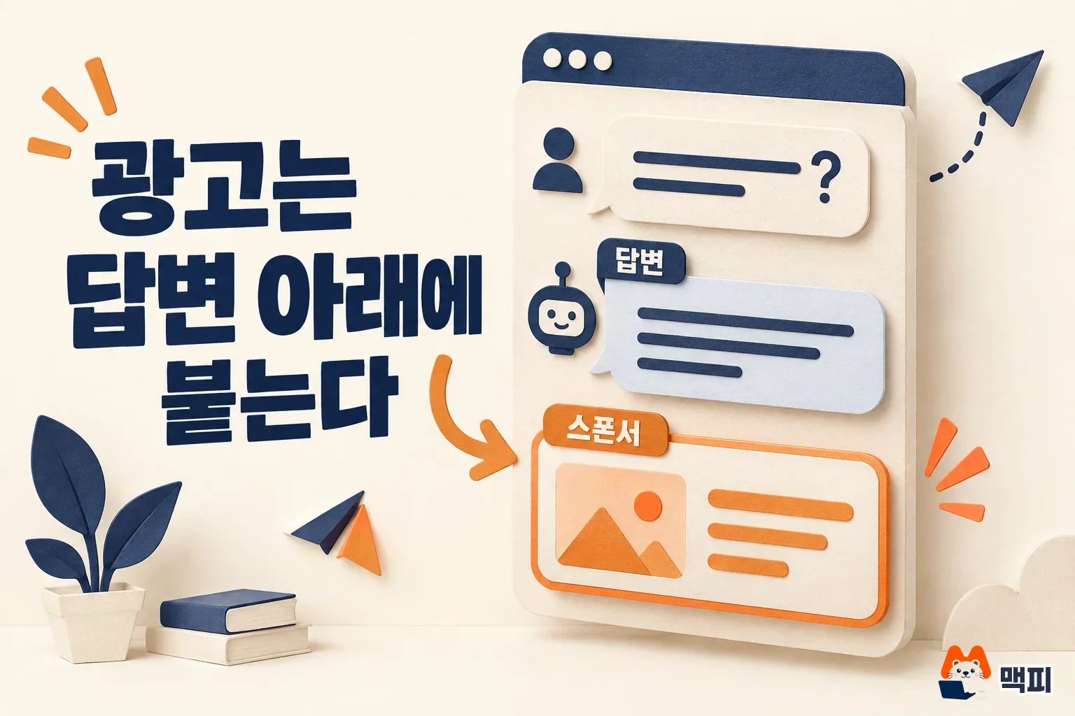 챗GPT 광고가 사용자 질문과 챗GPT 답변 아래에 스폰서 카드로 붙는 구조를 보여 주는 도해