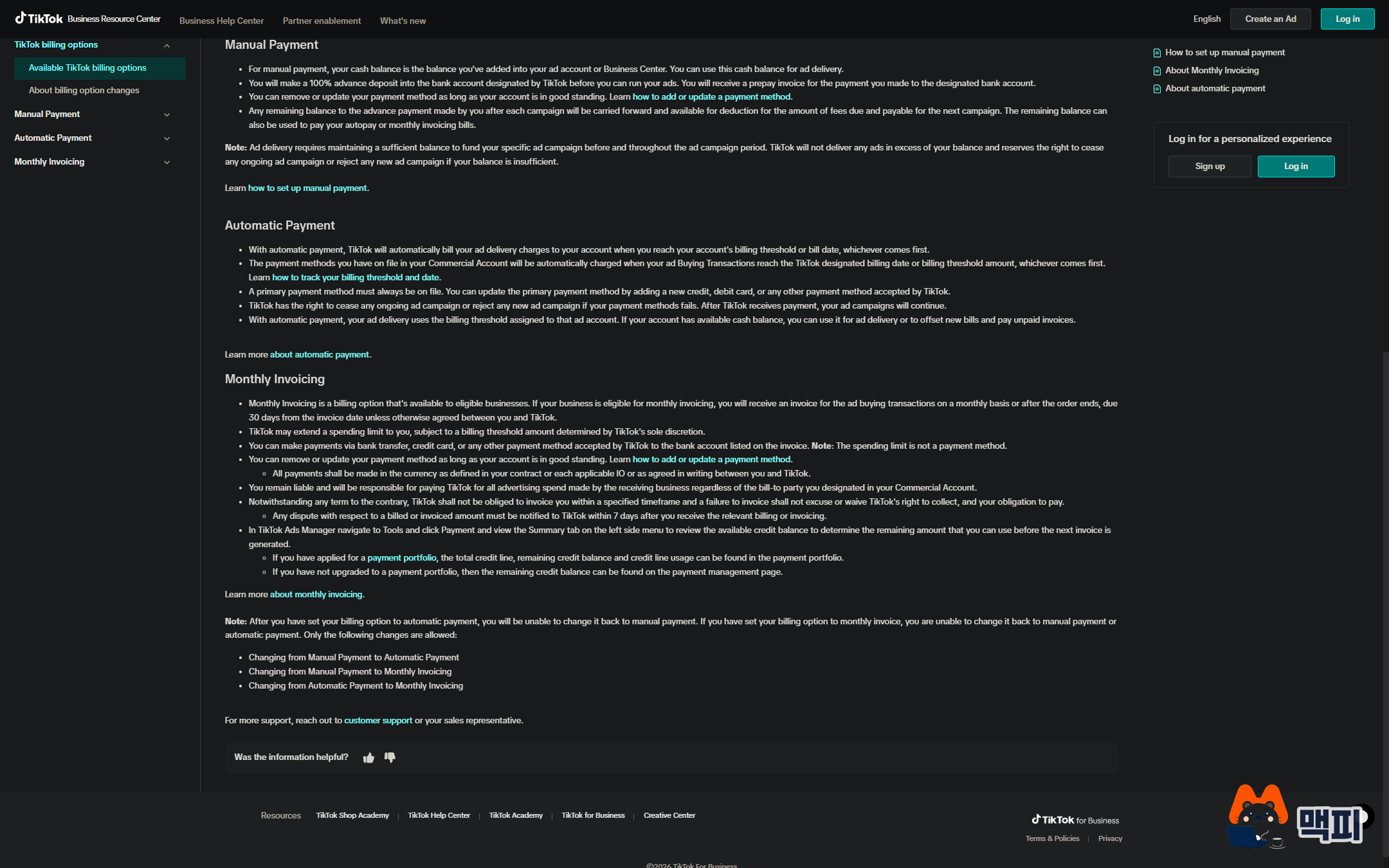 Screen from the official help page explaining TikTok ads billing methods (manual payment, automatic payment, monthly invoicing) and the directions you can switch