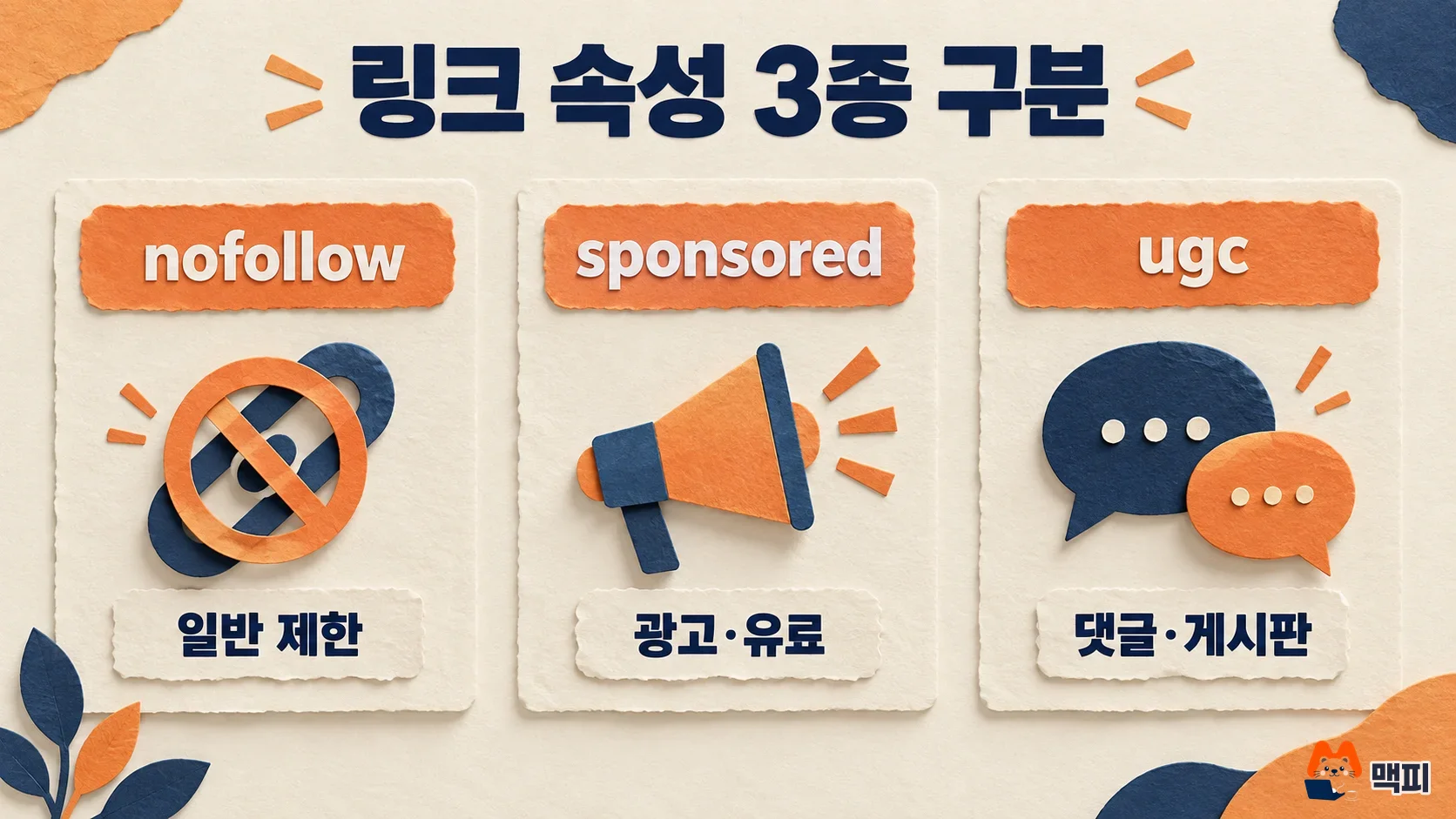 Diagram comparing how the backlink attributes nofollow, sponsored and ugc are used