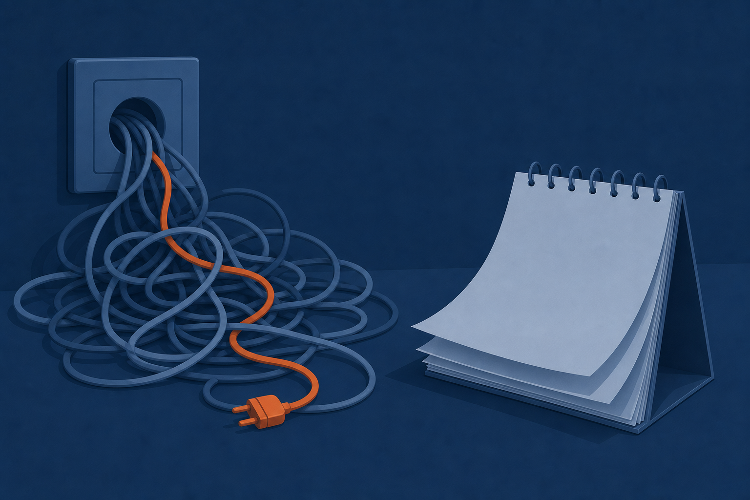 A tangle of multicolored wires spilling messily out of a wall socket next to a desk calendar with many pages flipped past, evoking a frustrated, exhausted mood. Flat vector editorial illustration, navy (#1c3d5a) base with a single orange (#ff8649) accent, no text, numbers, or logos, no people, wide composition with breathing room
