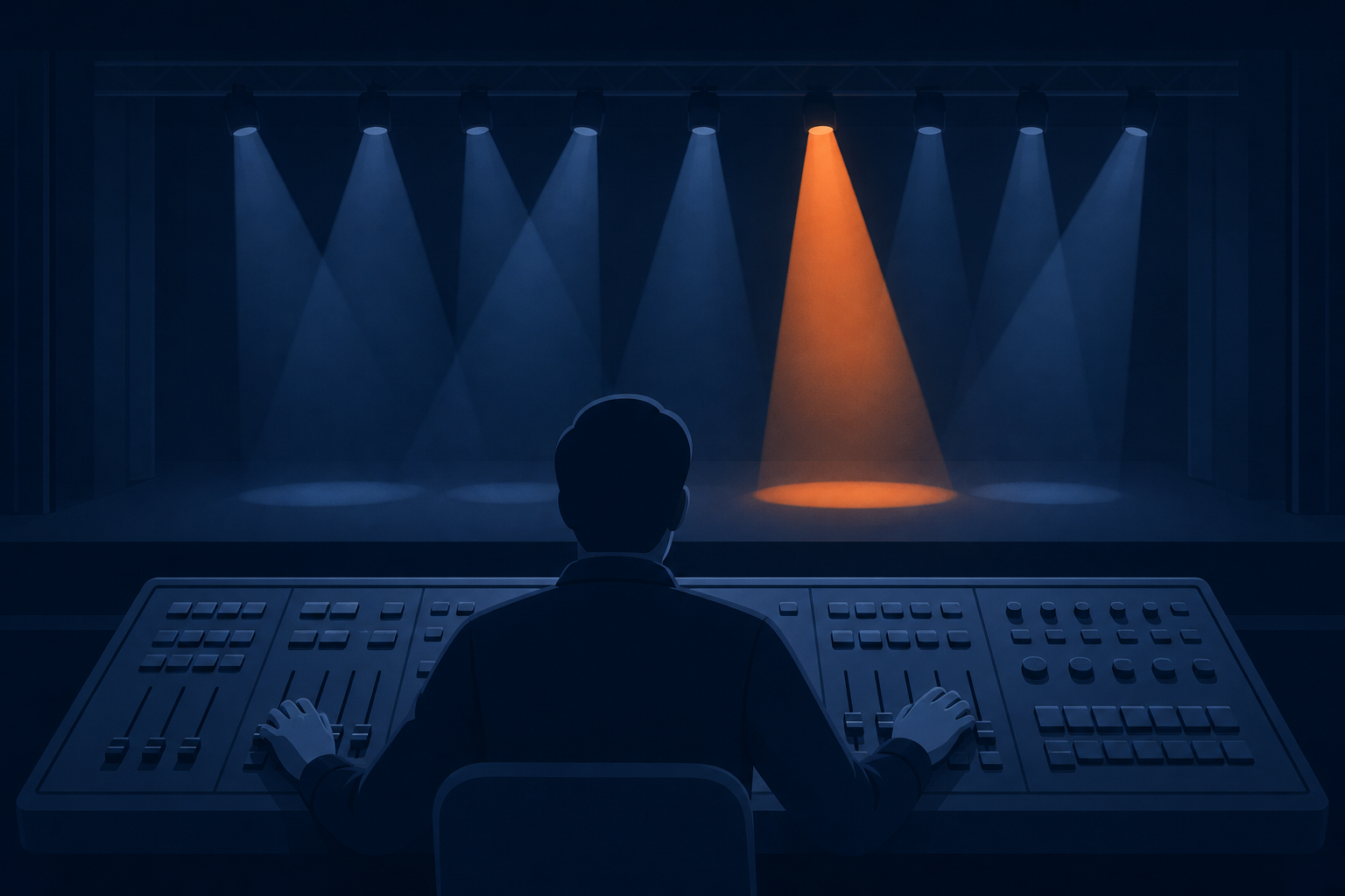 A back view of a faceless person seated at a stage lighting console, working sliders and buttons, with several light beams pouring onto an empty stage in the background. Most beams are a calm navy tone, with a single one accented in orange (#ff8649). Flat vector editorial illustration, navy (#1c3d5a) base, no text, numbers, or logos, wide composition with breathing room
