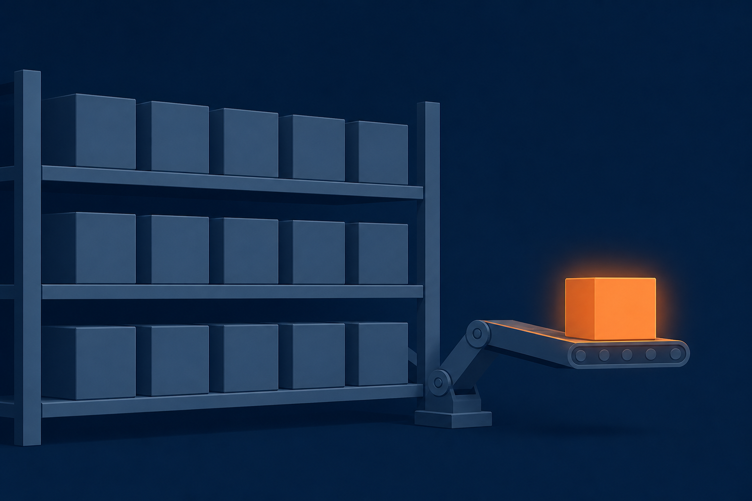 A minimalist warehouse shelf lined with identical boxes, one of them glowing softly in orange (#ff8649) and being carried off-frame to its destination by a simple mechanical arm or conveyor. Flat vector editorial illustration, navy (#1c3d5a) base, no text, numbers, or logos, no people, wide composition with breathing room