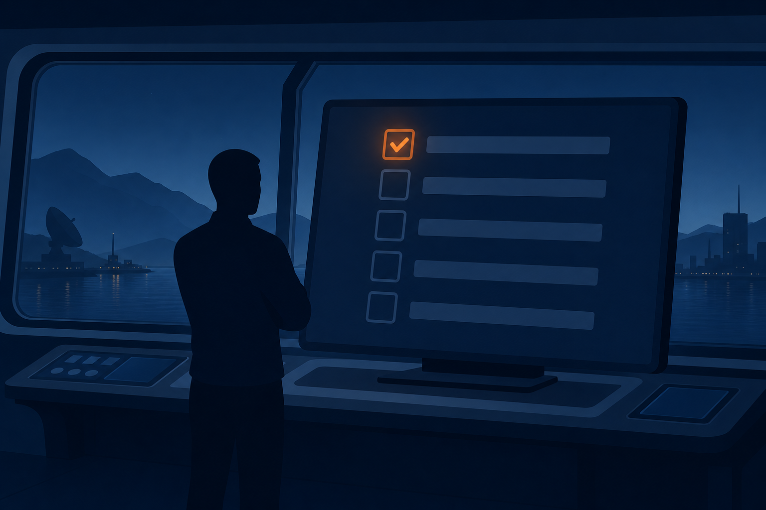 A faceless silhouette calmly reviewing a large checklist or monitor screen, standing in front of a control room window, with a single checkmark accented in orange (#ff8649) and the rest in navy tones. Flat vector editorial illustration, navy (#1c3d5a) base, no text, numbers, or logos, wide composition with breathing room
