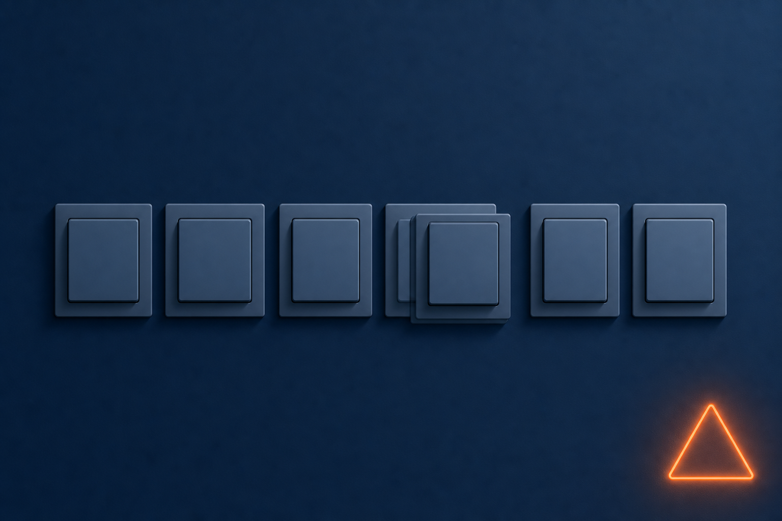 Several identical switches mounted on a wall, two of them oddly overlapping and casting a double shadow (symbolizing a duplicate install), with a faint orange (#ff8649) warning triangle glowing in one corner. Flat vector editorial illustration, navy (#1c3d5a) base, no text, numbers, or logos, no people, wide composition with breathing room