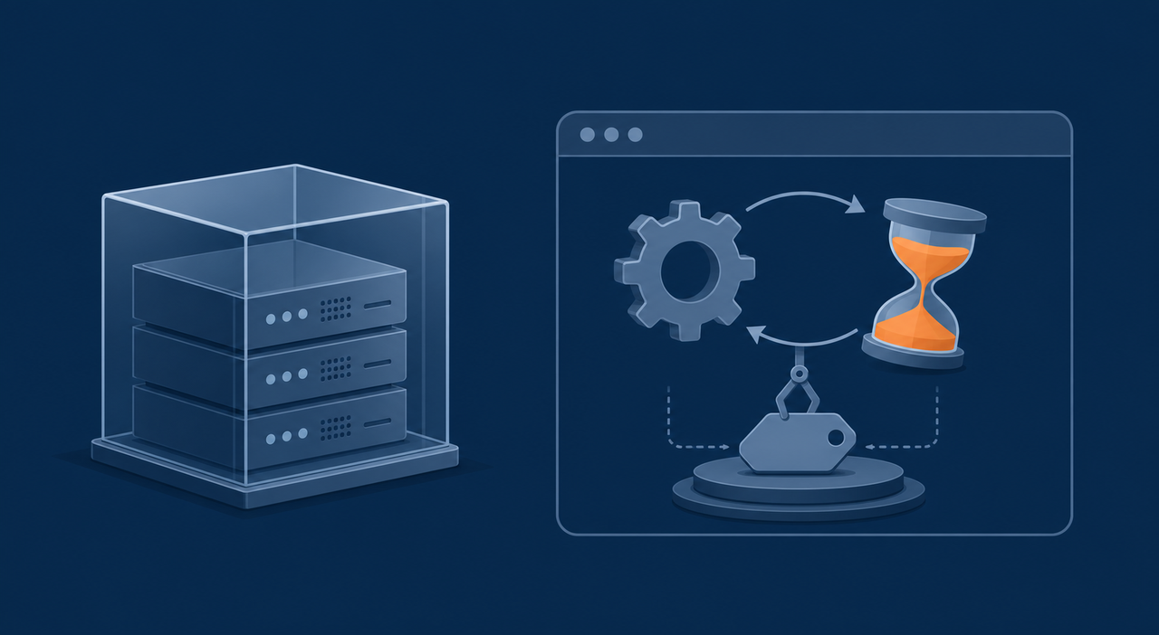 Flat vector illustration, navy background: on the left a plain transparent box shape representing a server sits quietly, on the right a small gear and hourglass spin together inside a browser-window shape, assembling a tag, orange #ff8649 accent only on the hourglass body, simple icon-focused composition, no text, no faces